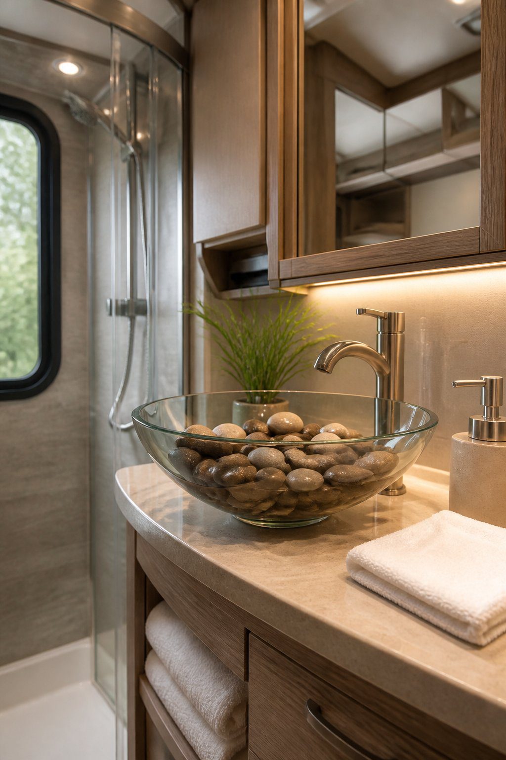 A glass bowl filled with smooth spa stones sits on the countertop of a compact RV bathroom.
