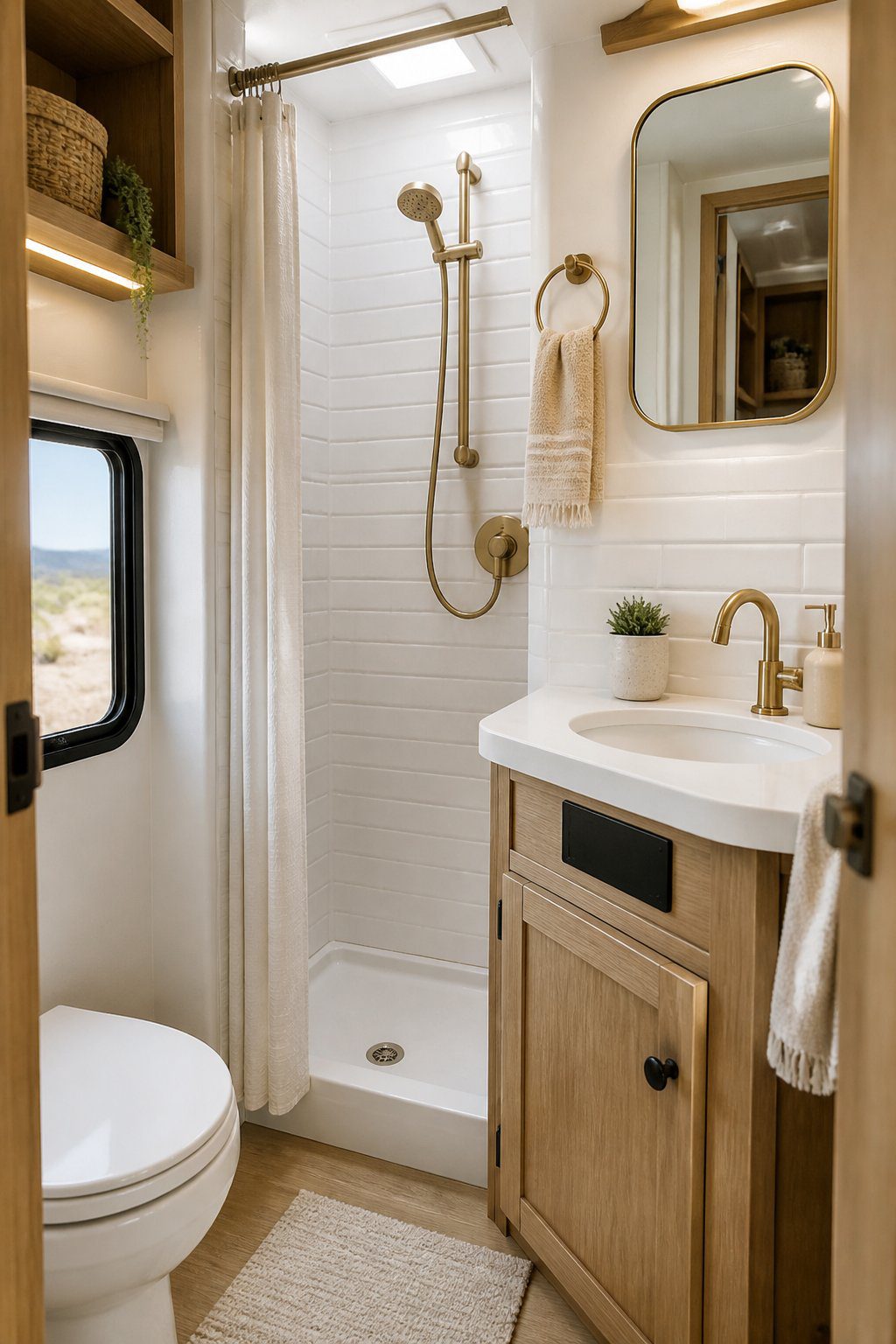A compact RV bathroom with white subway tile walls, a small sink, mirror, towels, and warm wood accents.