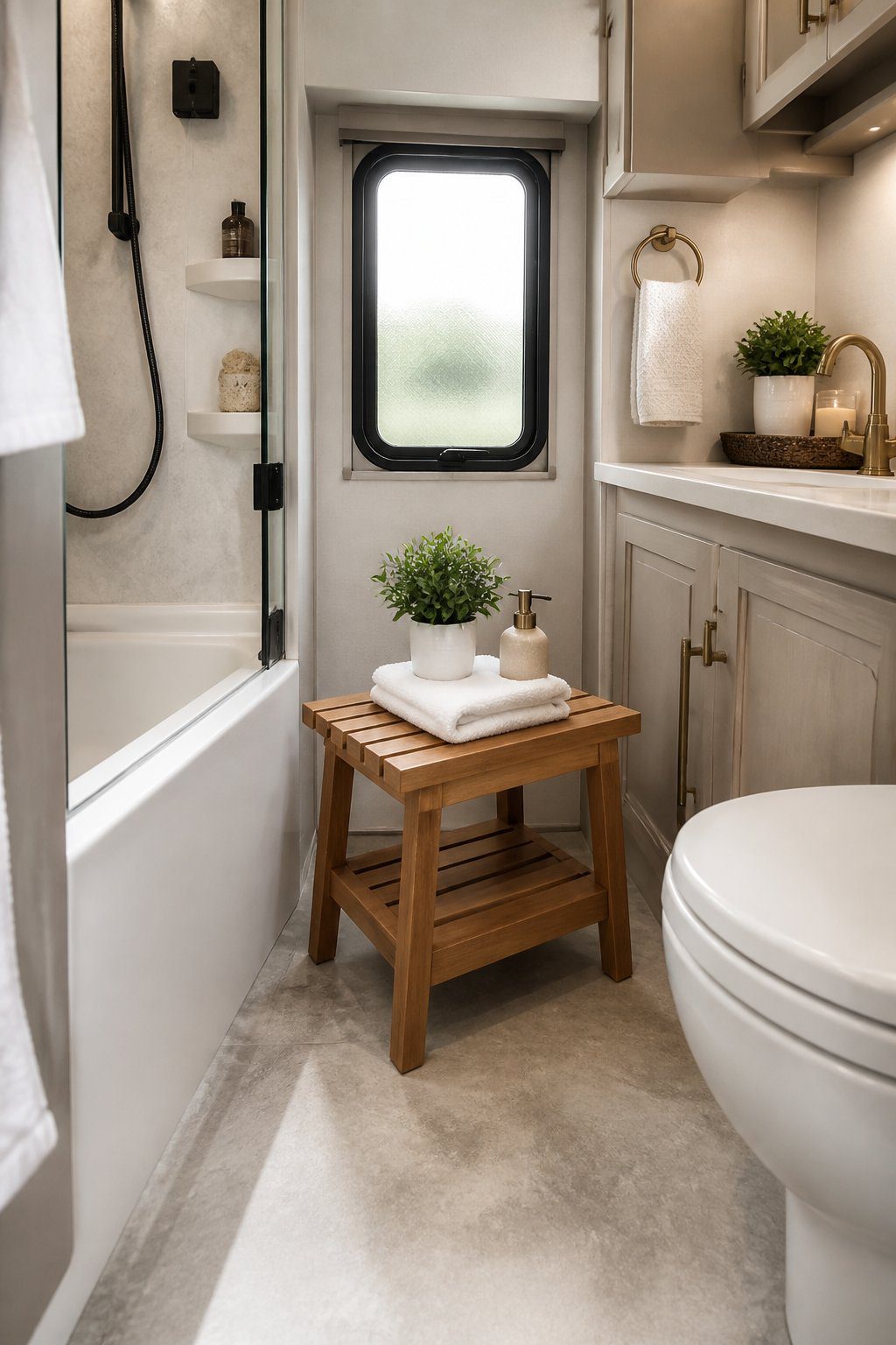 A teak bath stool beside the shower in a bright, neatly decorated RV bathroom.