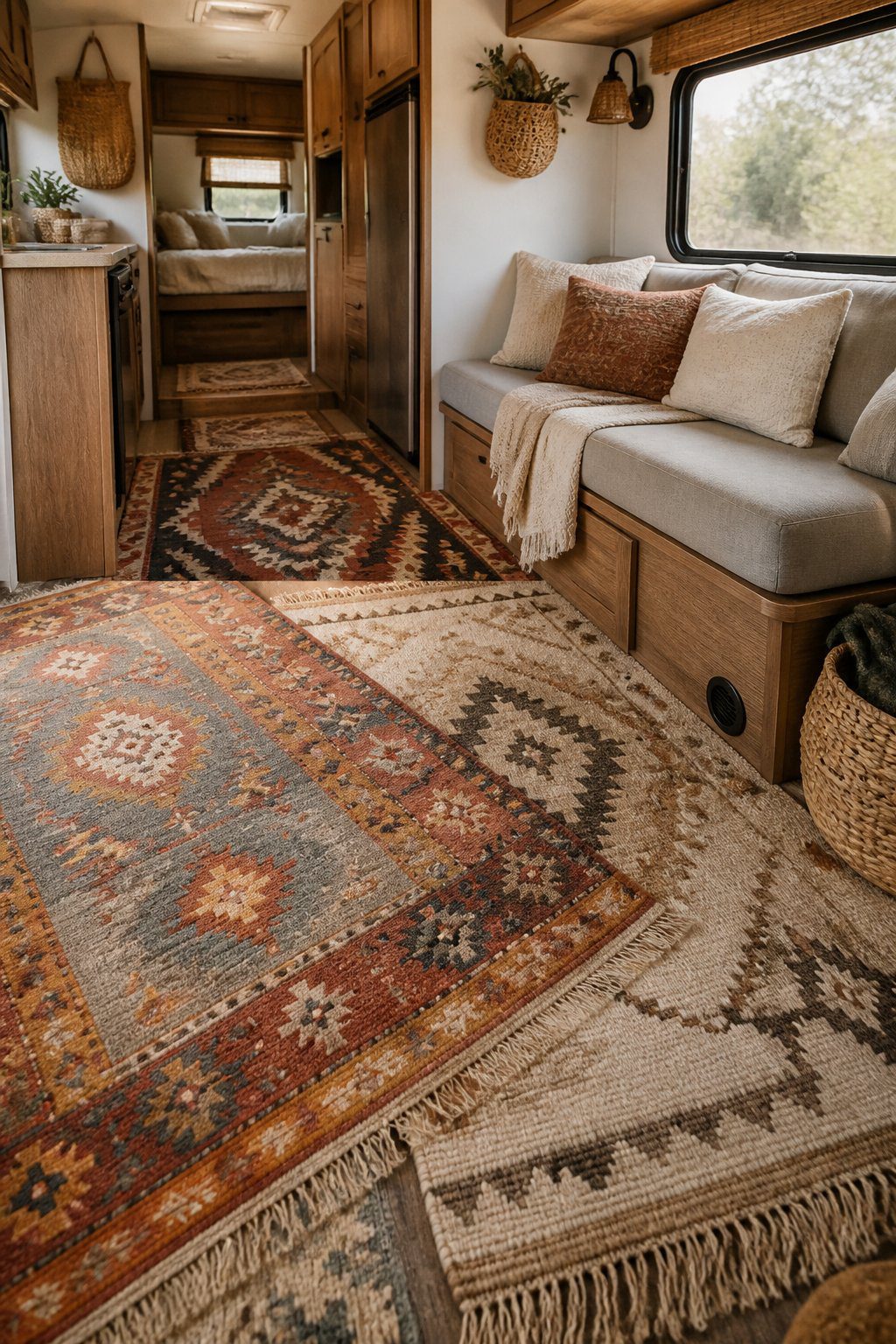 A cozy RV living area with several colorful patterned rugs layered across the floor.