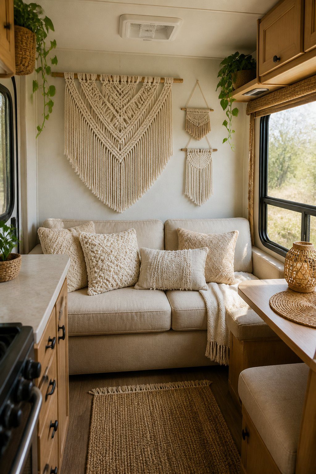 A cozy RV living area decorated with macramé wall hangings, woven textiles, wood accents, and green plants.