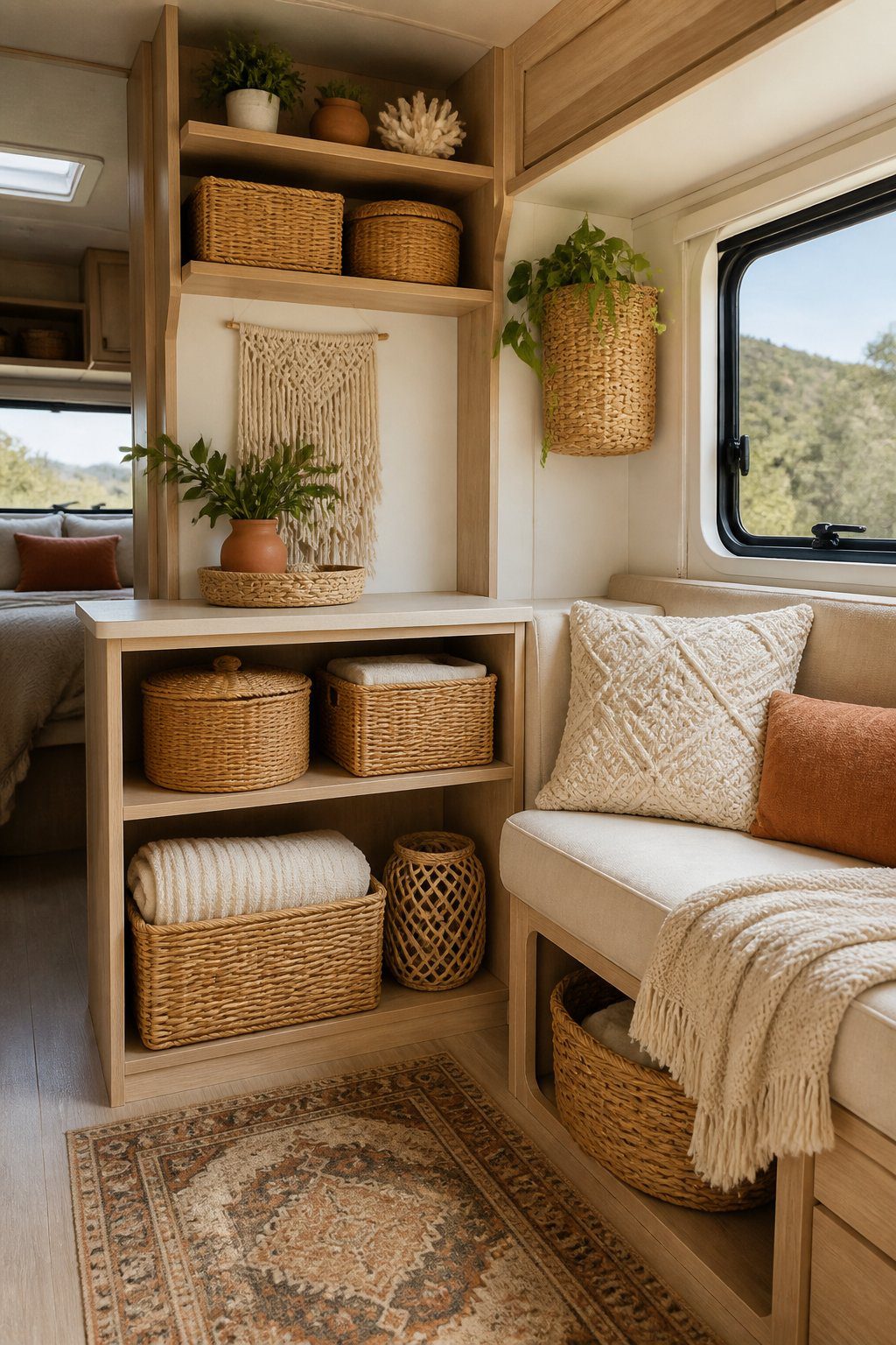 Woven rattan baskets arranged throughout a cozy RV interior.