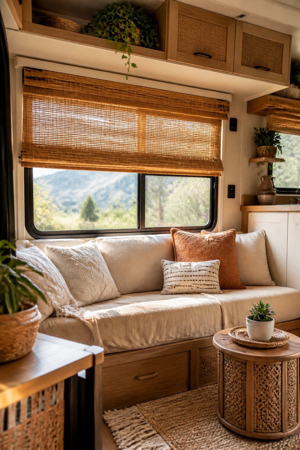 Cozy RV seating area with bamboo Roman shades over a window and natural decor.