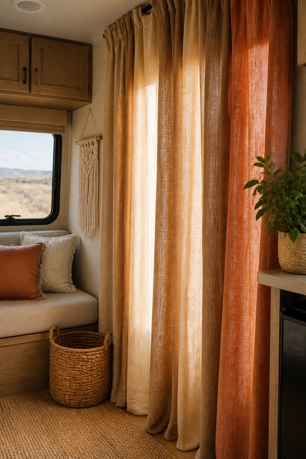 A cozy RV interior with earth-tone linen curtains beside a sunlit window.