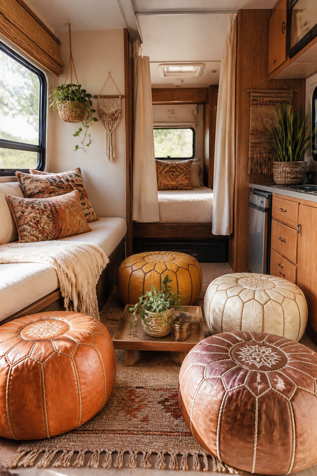 A cozy RV living area with colorful leather poufs arranged around a small rug.