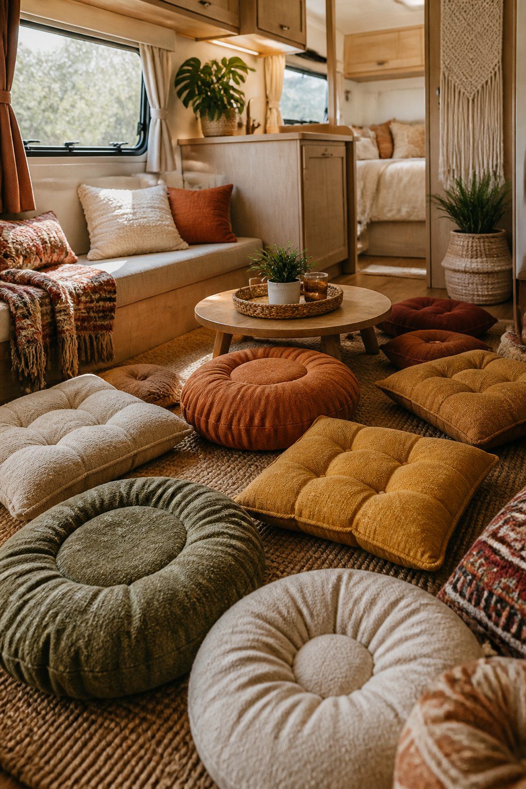 Tufted floor cushions arranged on a rug inside a cozy RV lounge.