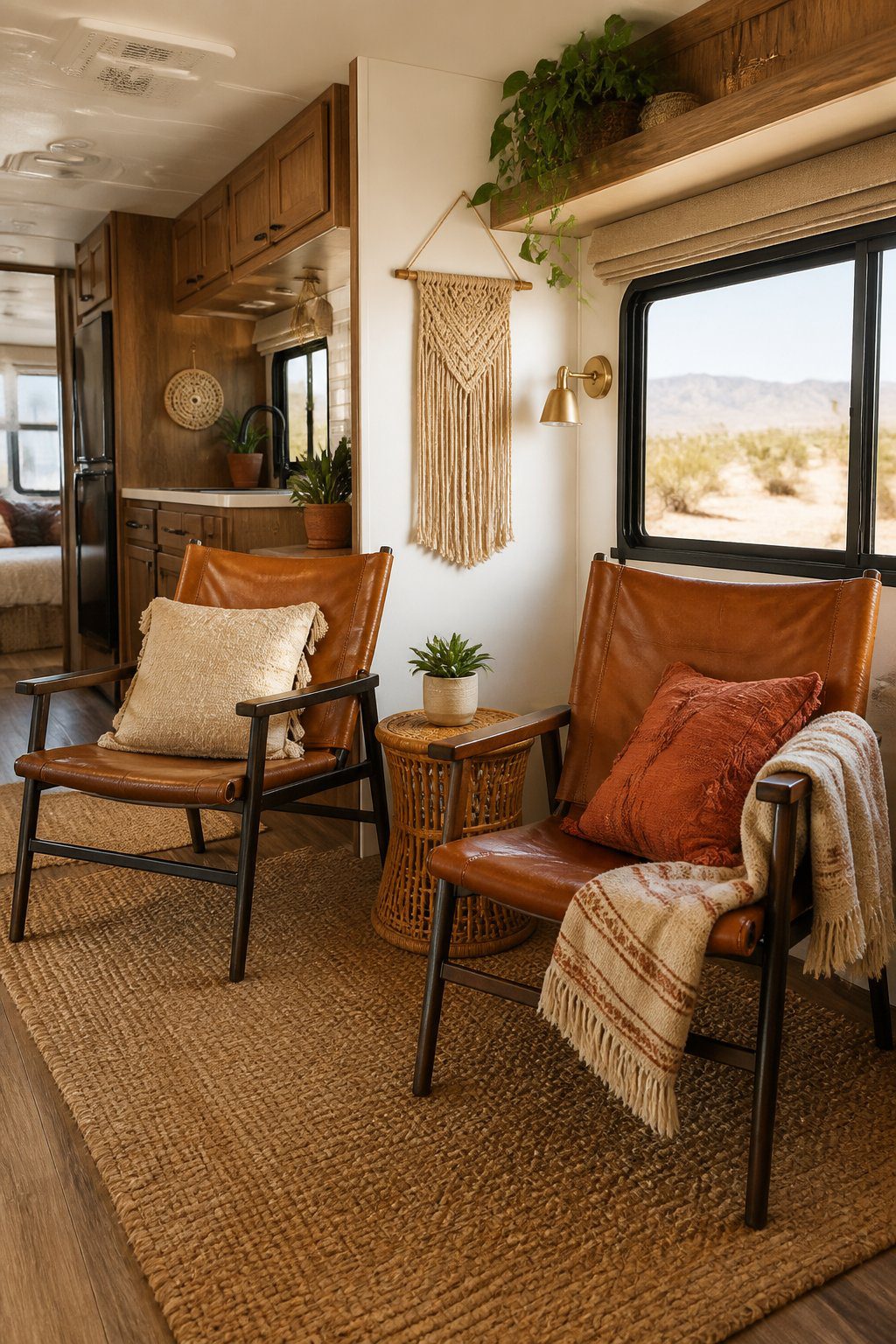 Two leather sling chairs in a cozy RV living area with woven décor, plants, and warm wood furnishings.
