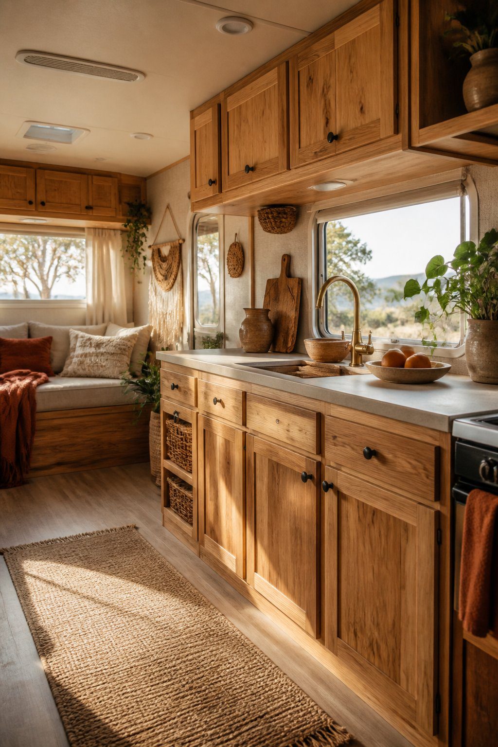 A cozy RV kitchenette with natural wood cabinets, woven accessories, earthy textiles, and a small green plant.