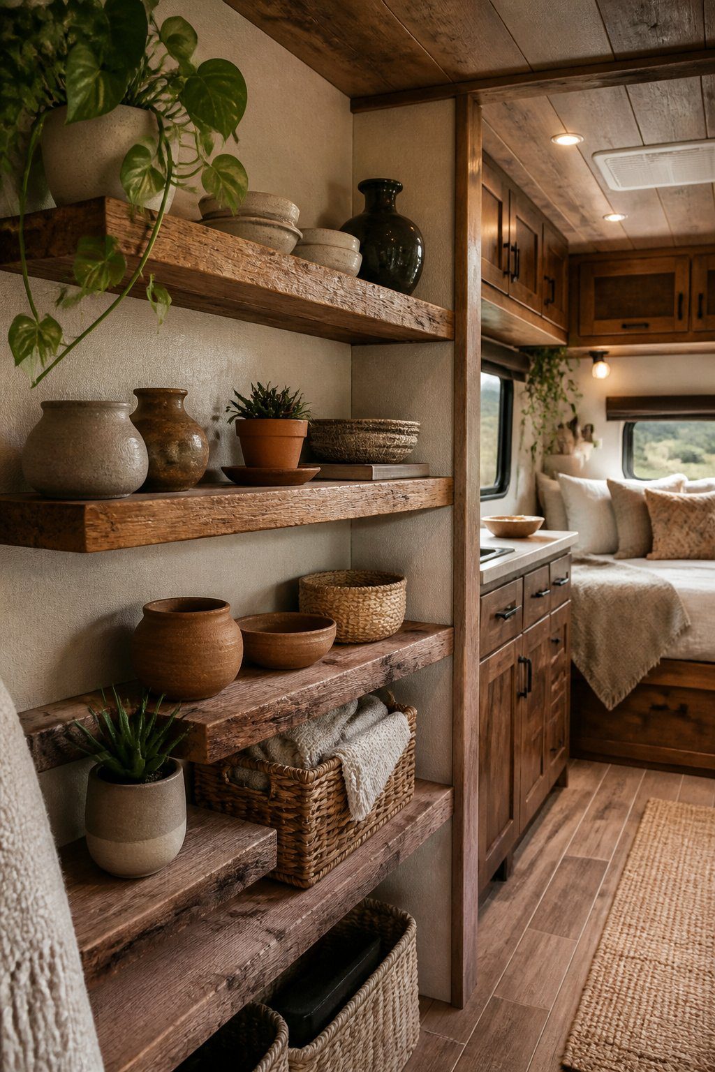 Reclaimed wood shelves decorated with plants, pottery, and baskets inside a cozy RV.