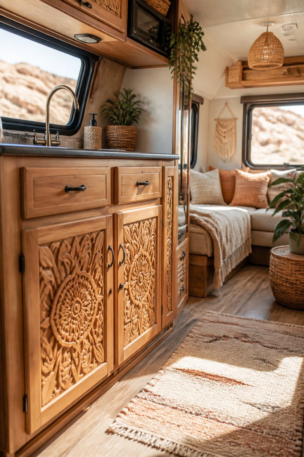 Carved wooden cabinet doors in a cozy RV interior with warm natural decor.