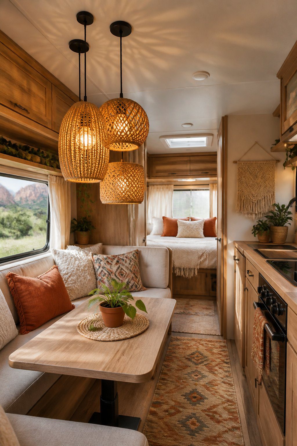 A cozy RV dining area with woven pendant lights hanging above a small wooden table.