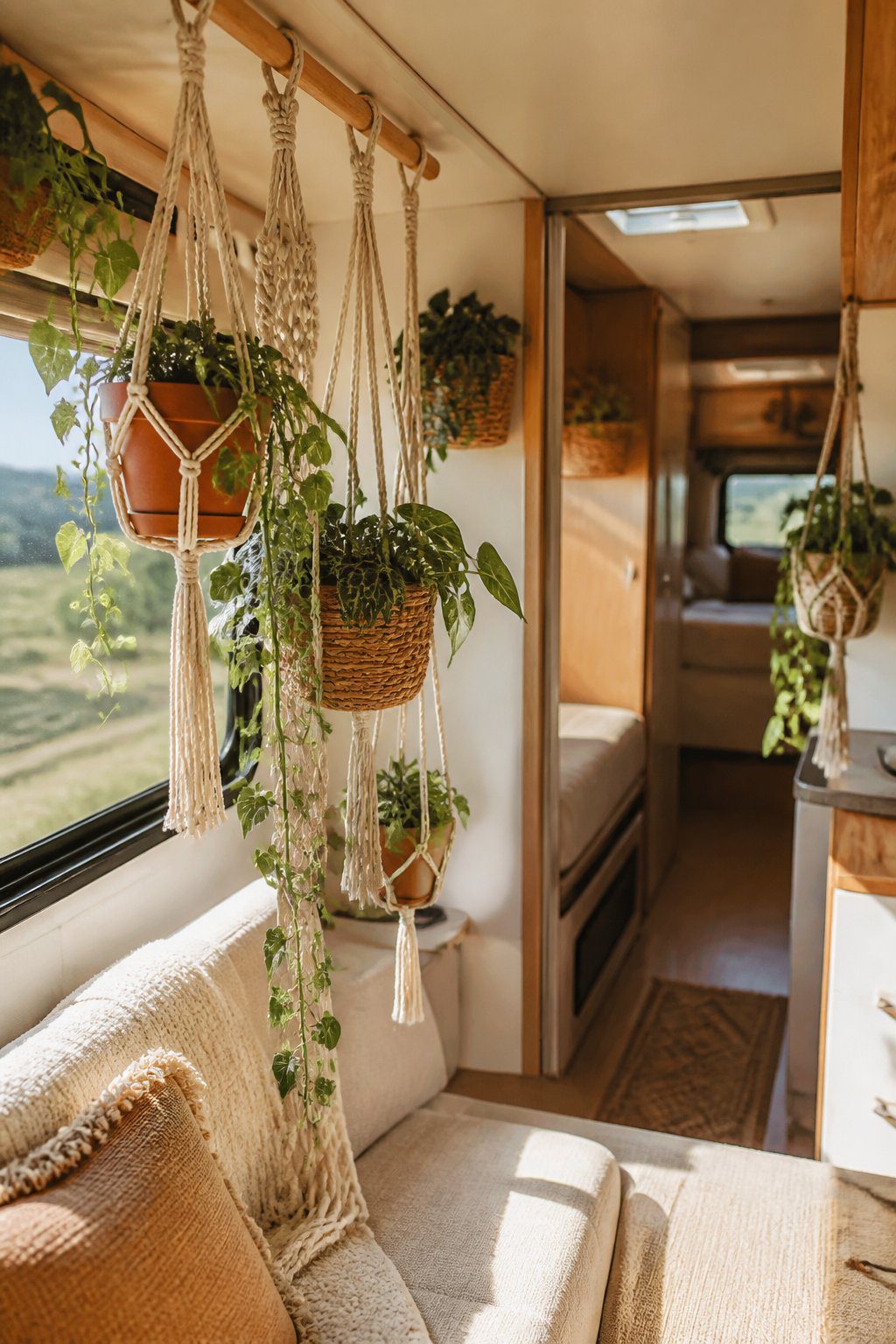 Macramé plant hangers holding green plants inside a cozy RV.