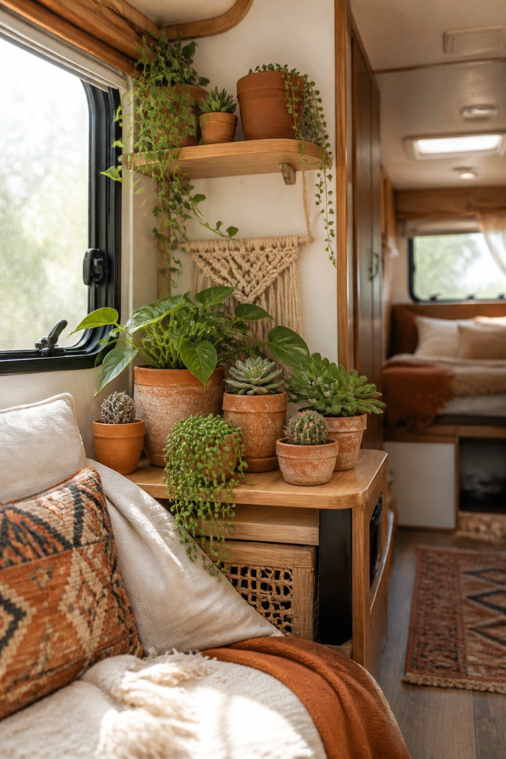 Terracotta planters with green plants arranged inside a cozy RV.