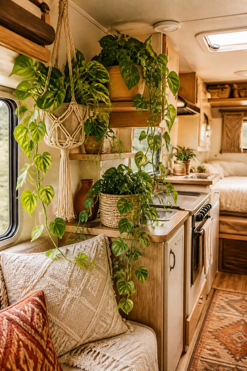 Trailing pothos plants decorate a cozy boho RV interior.
