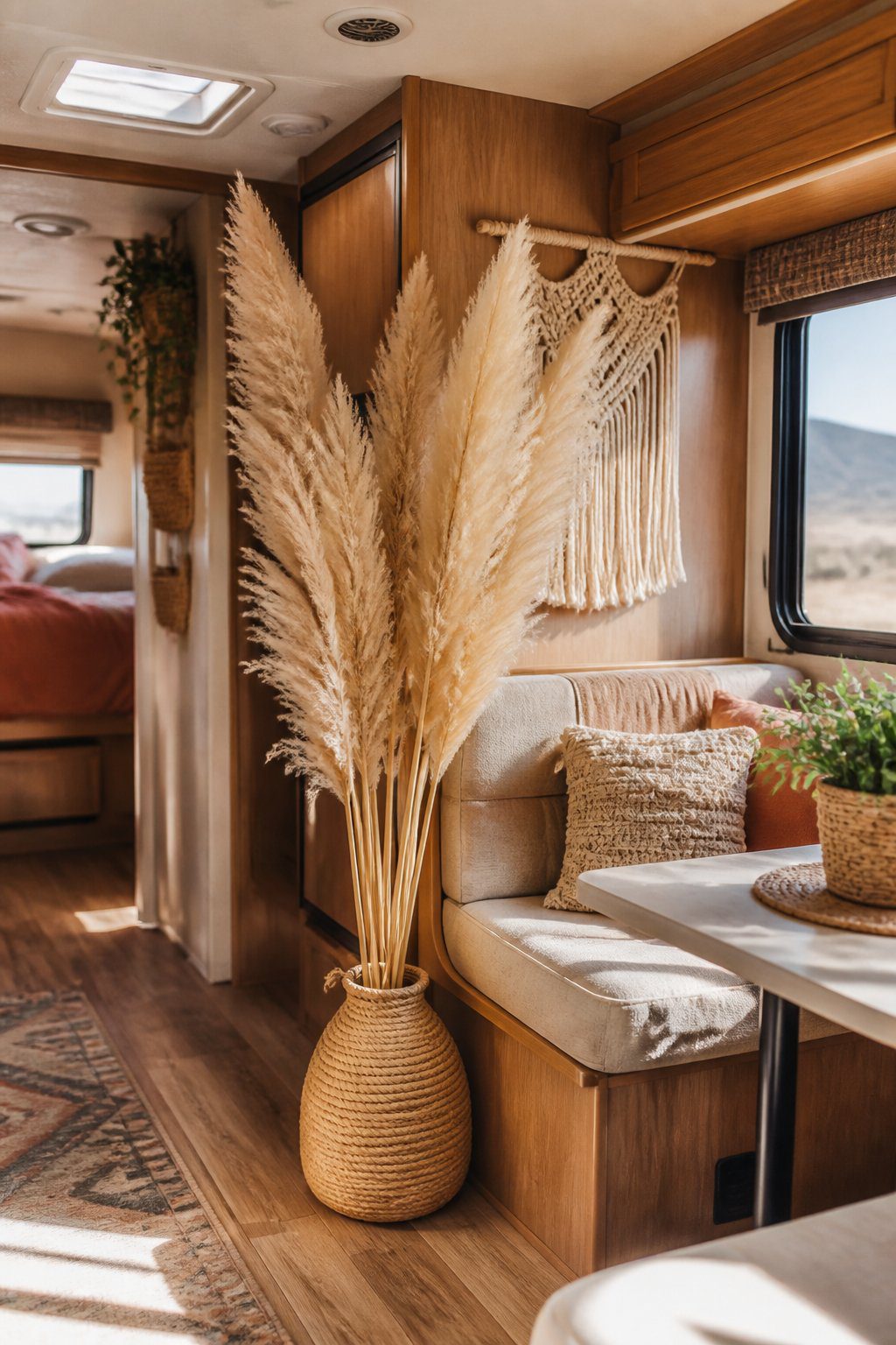Dried pampas grass decor in a cozy bohemian RV interior.