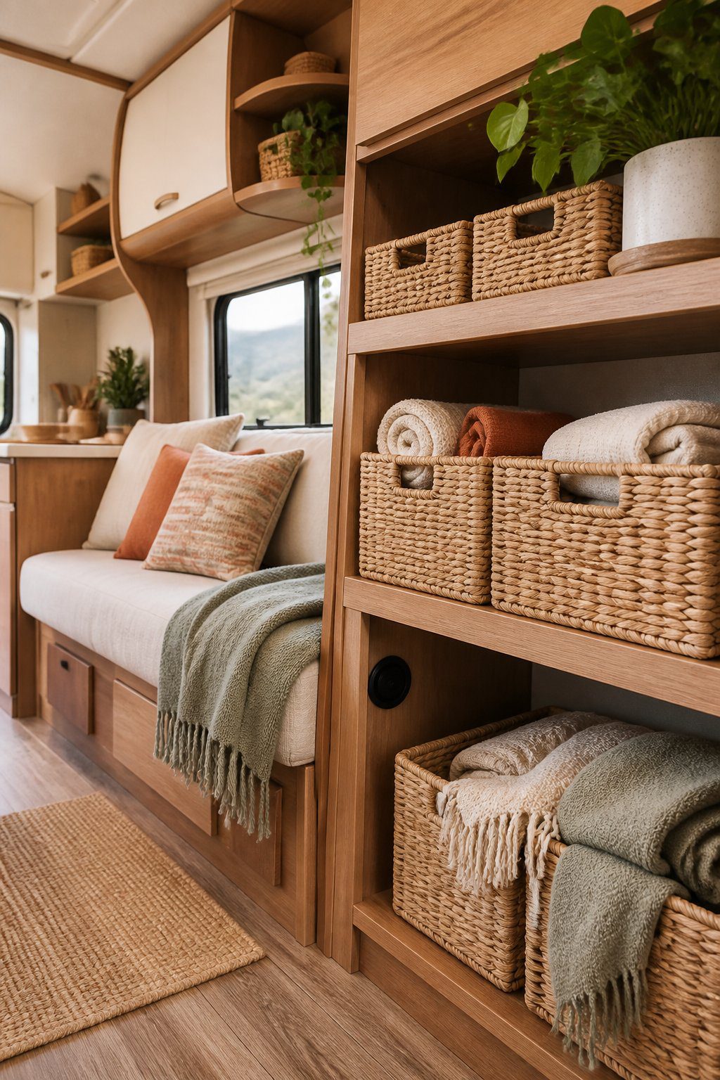 Woven seagrass storage bins organized throughout a cozy RV interior.