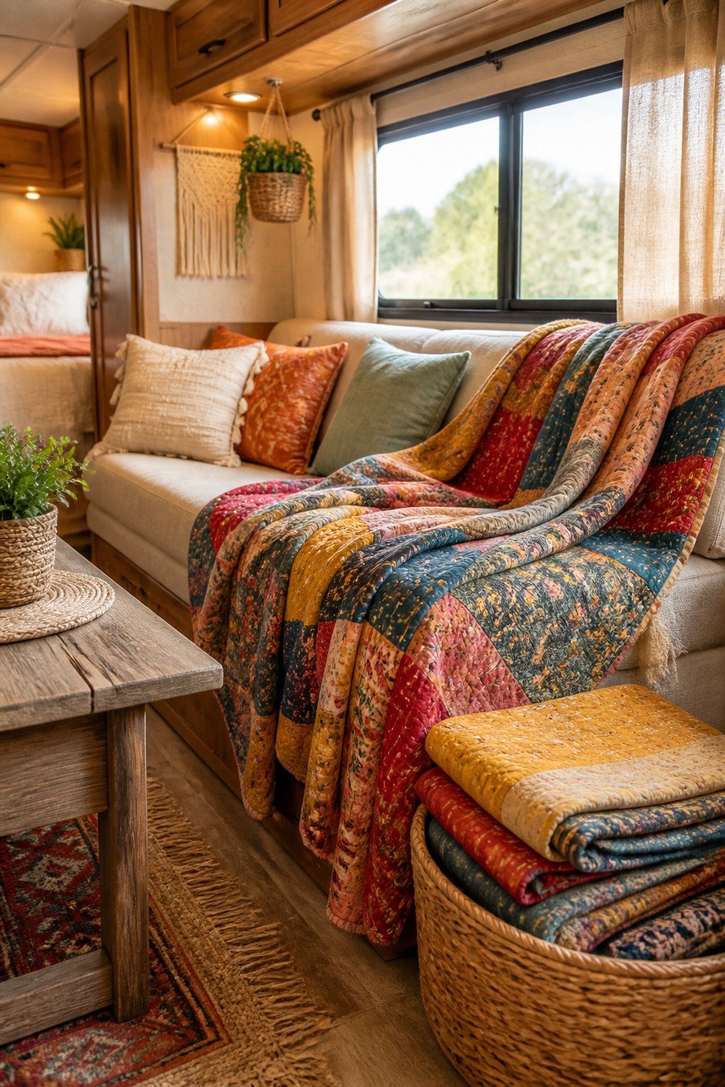A cozy RV living area with colorful patchwork blankets draped over a sofa and folded in a basket.