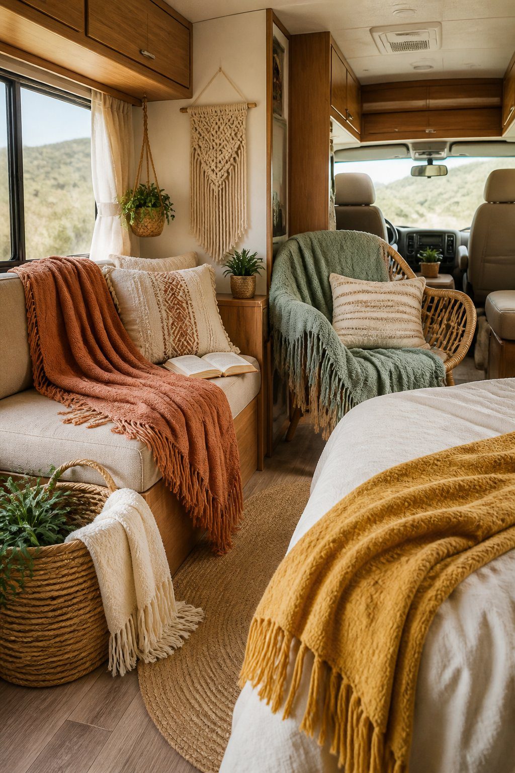 A cozy RV interior with fringed cotton throws draped over seating and a bed.