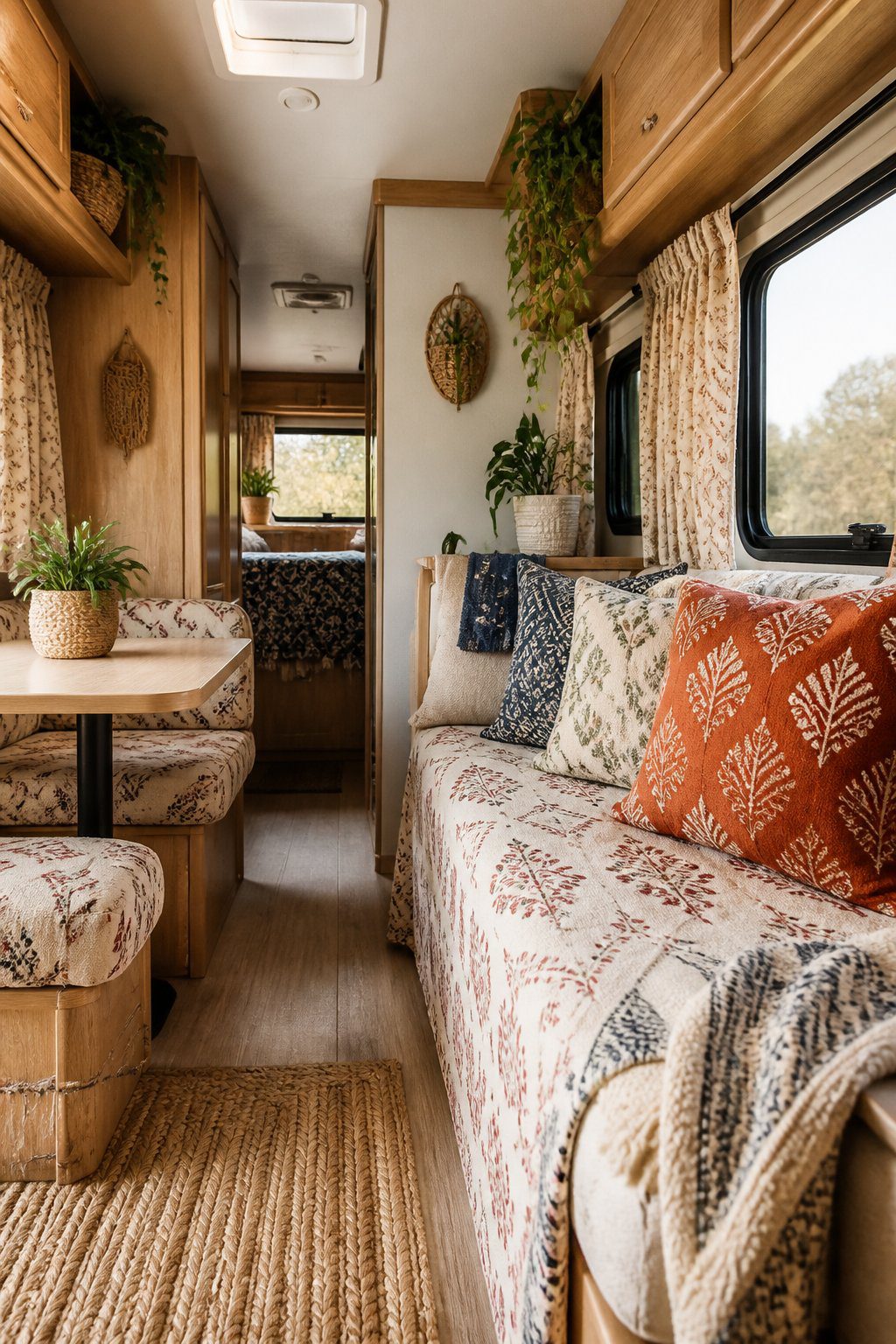 A cozy RV interior with colorful patterned cushions, curtains, woven accents, and potted plants.