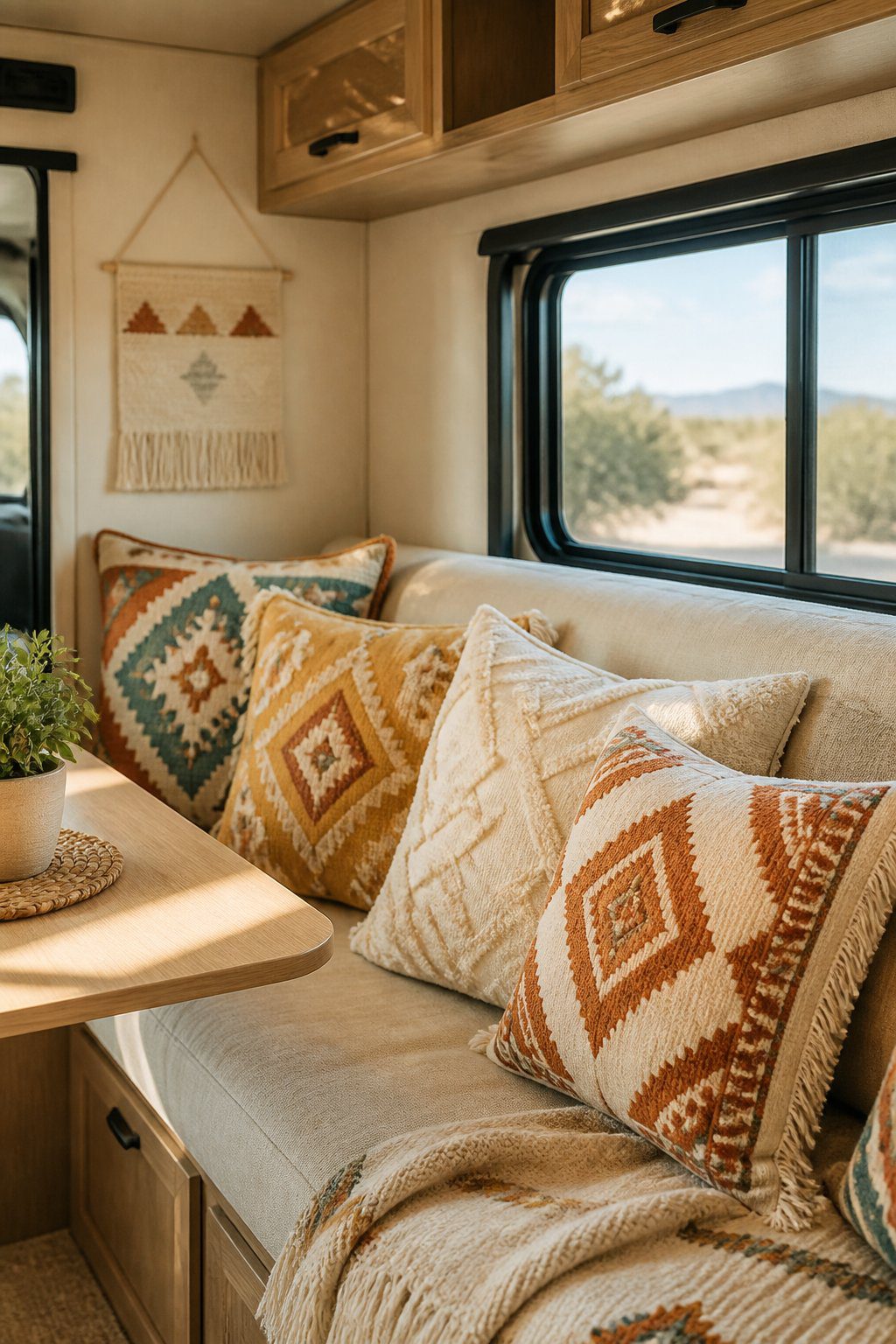 Geometric patterned pillows arranged on a cozy RV sofa.