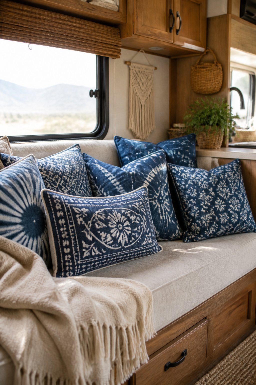 Cozy RV seating area with indigo patterned cushions, warm wood cabinetry, woven decor, and a small plant.