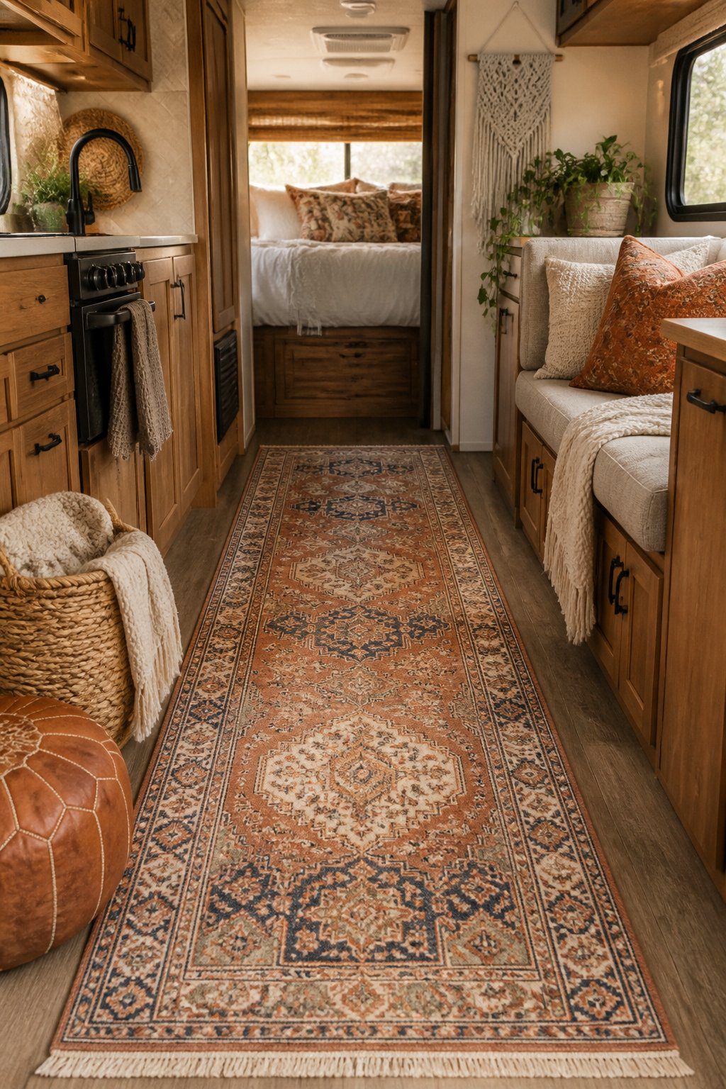 A patterned Persian rug runner stretches through the aisle of a cozy recreational vehicle.