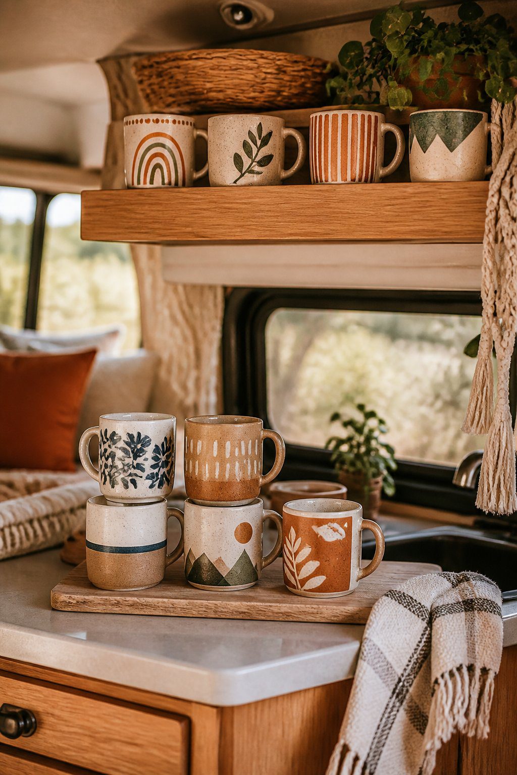 Hand-painted ceramic mugs arranged on a wooden shelf in a cozy RV kitchenette.