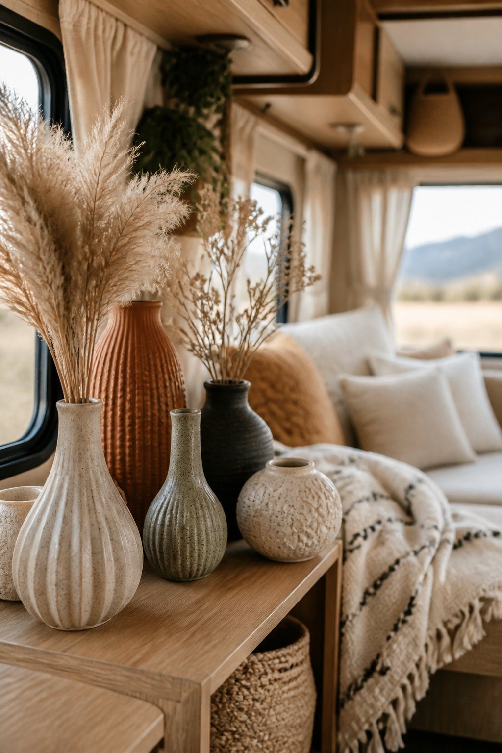 Textured ceramic vases with dried plants arranged on a shelf in a cozy RV interior.