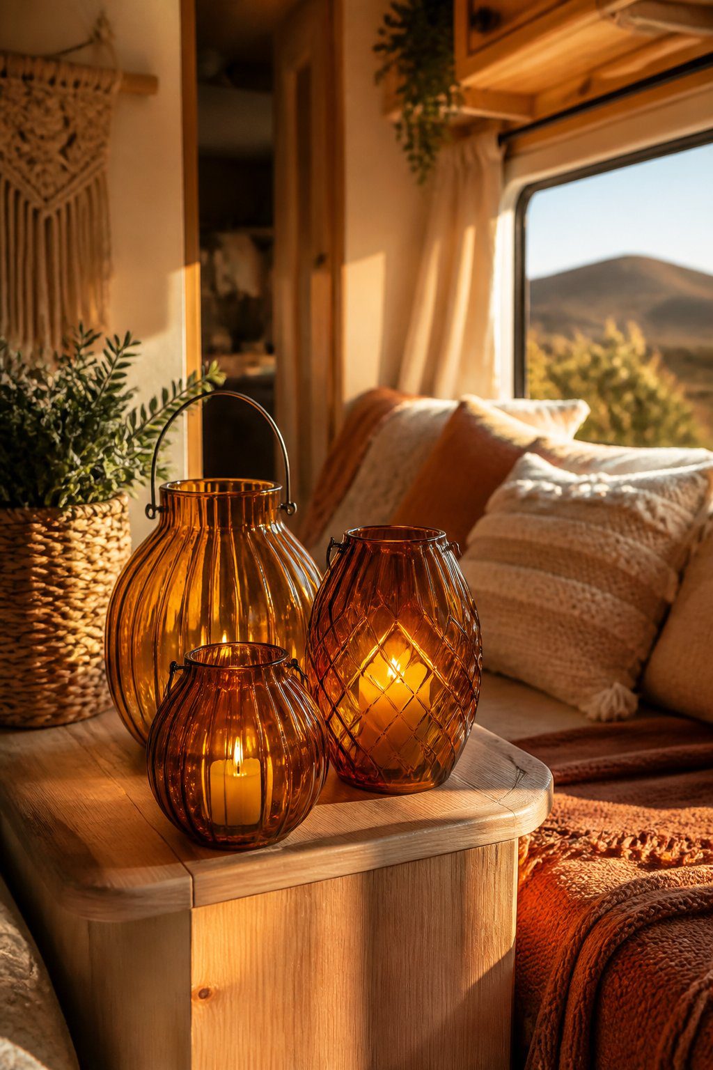 Amber glass lanterns glowing on a small table inside a cozy RV.