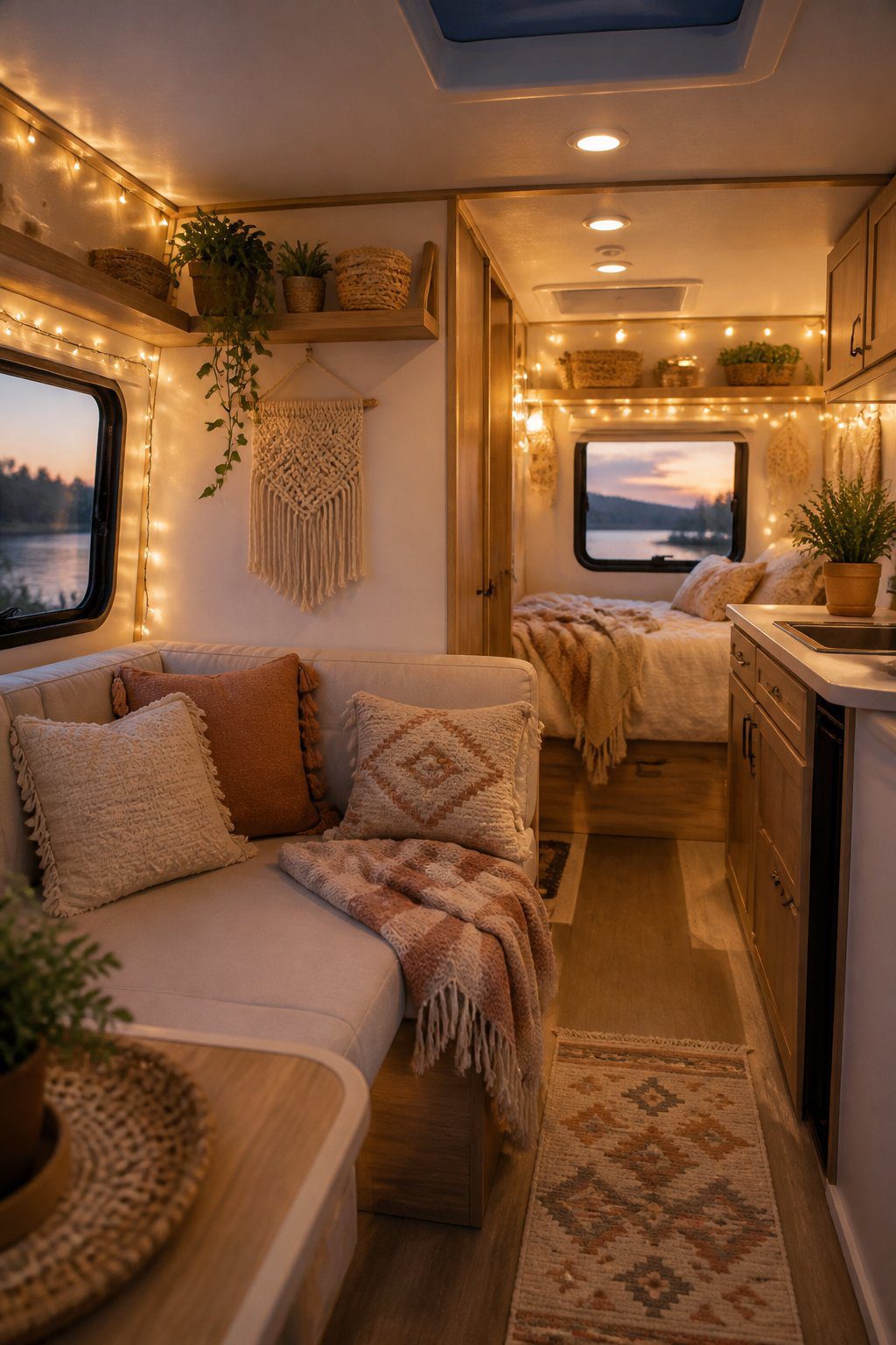 A cozy RV interior illuminated by warm battery-powered string lights, with woven decor, cushions, plants, and natural wood accents.