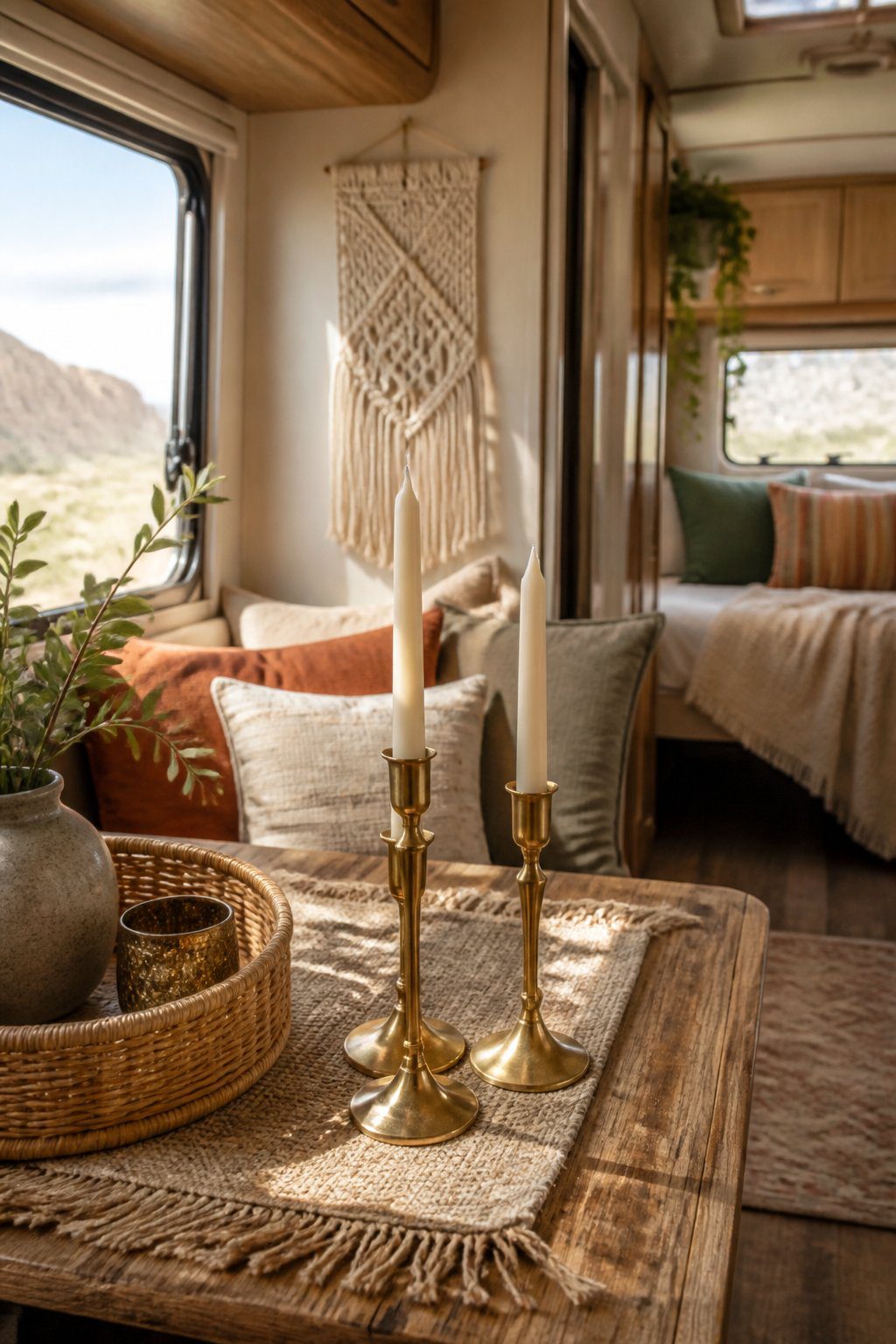 Brass candleholders with ivory candles on a small wooden table in a cozy RV interior.