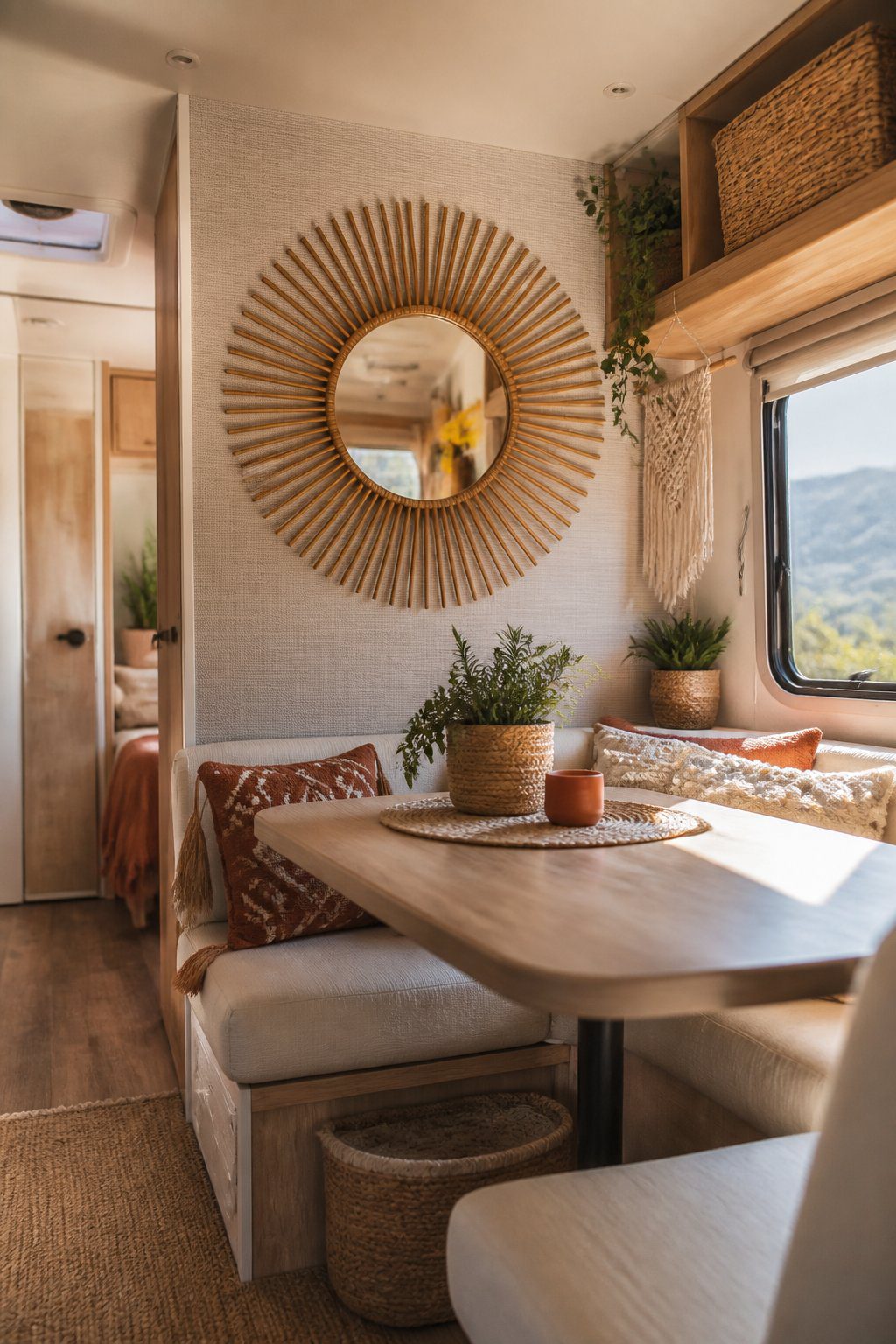 A sunburst wall mirror hangs above a wooden console in a cozy RV interior with plants, woven decor, and cushions.