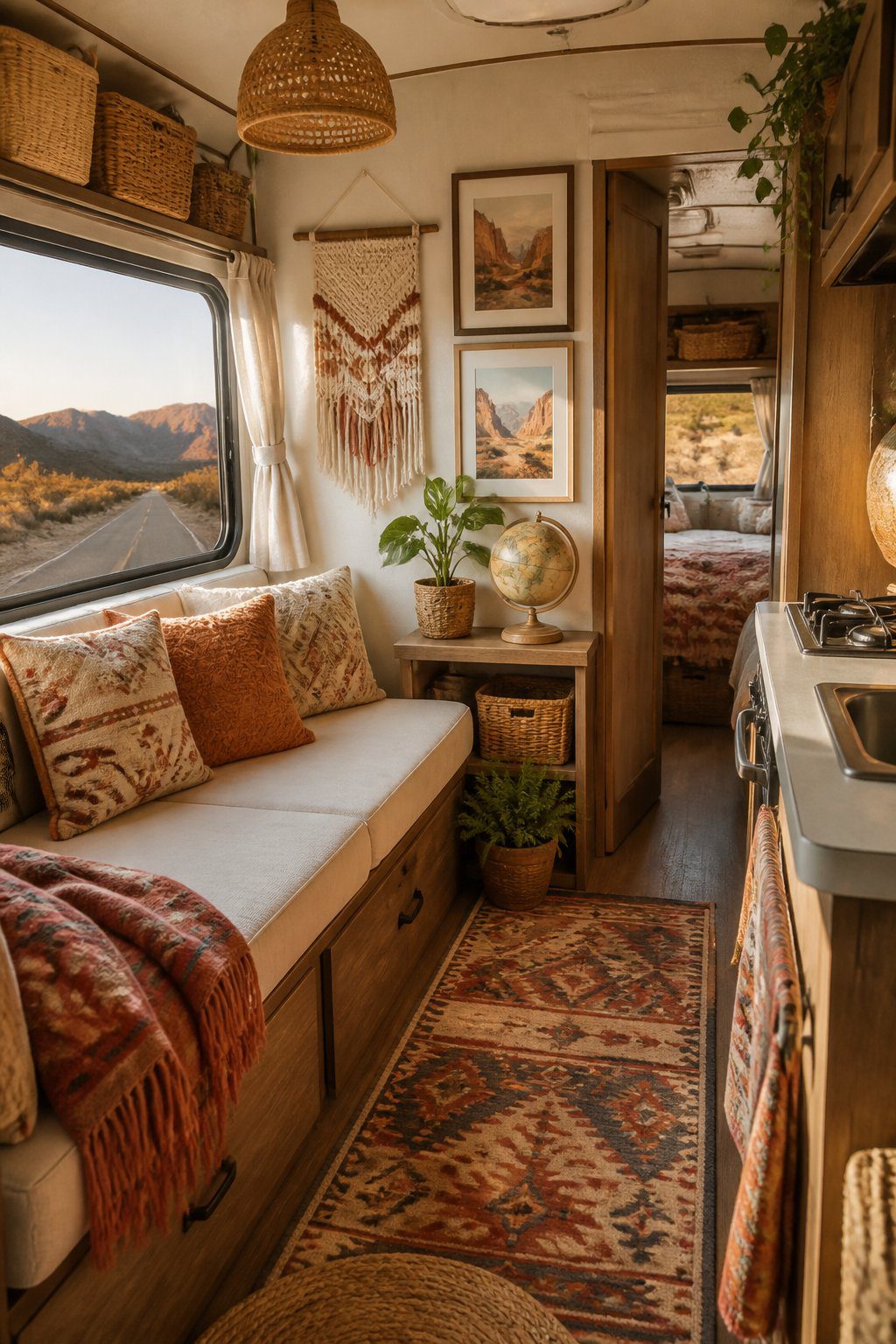 A cozy boho-decorated RV interior with woven textures, plants, cushions, and travel-inspired wall art.