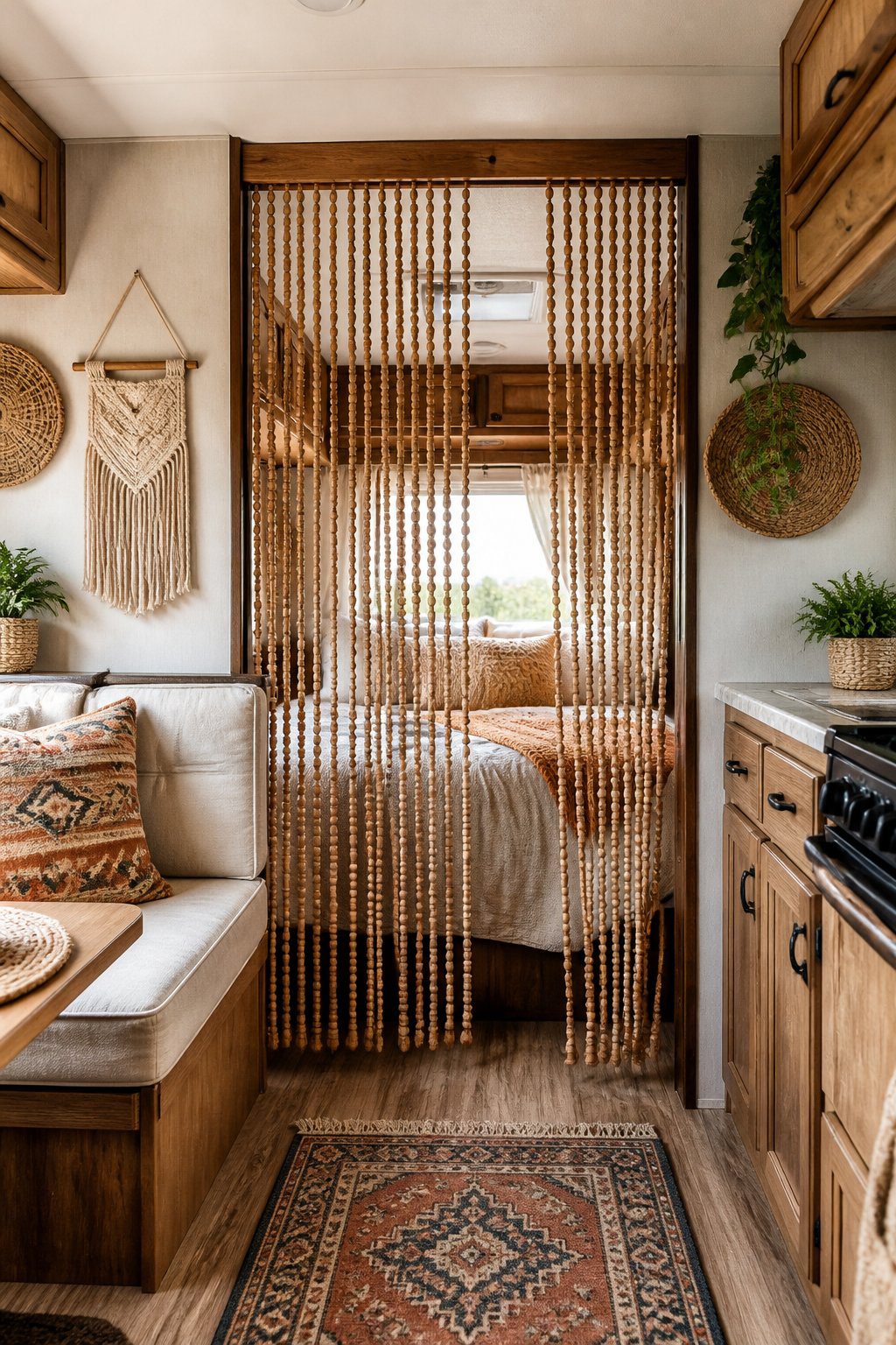 A beaded curtain separates the living area from the sleeping nook inside a cozy RV.