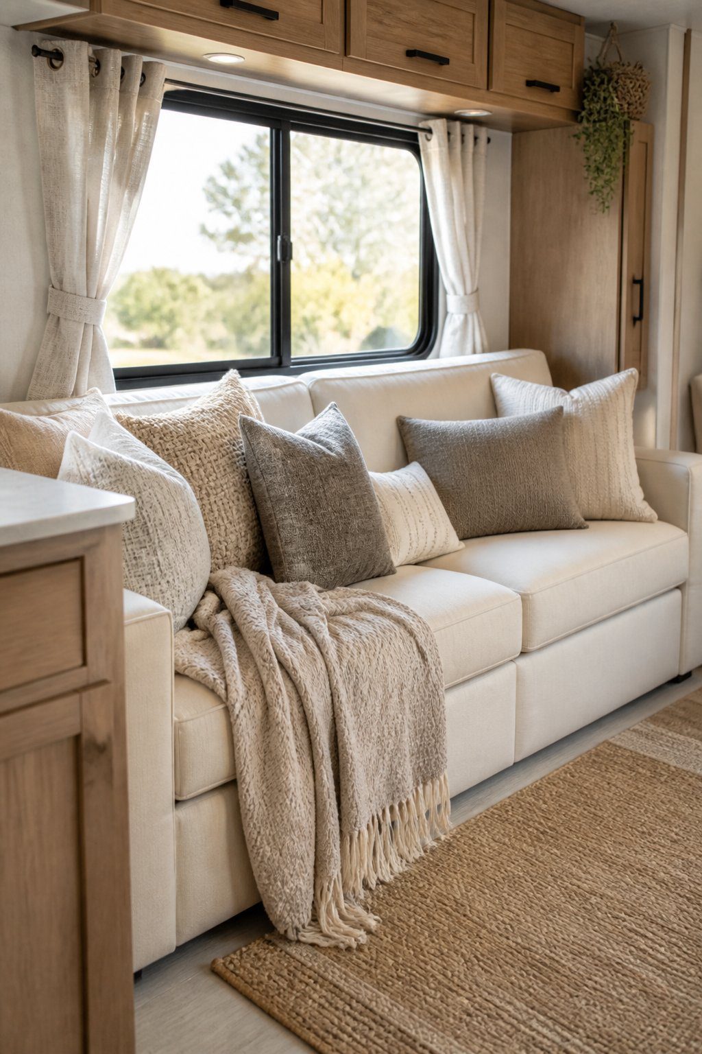 A cozy RV seating area with cream cushions, layered beige blankets, and neutral textured pillows.