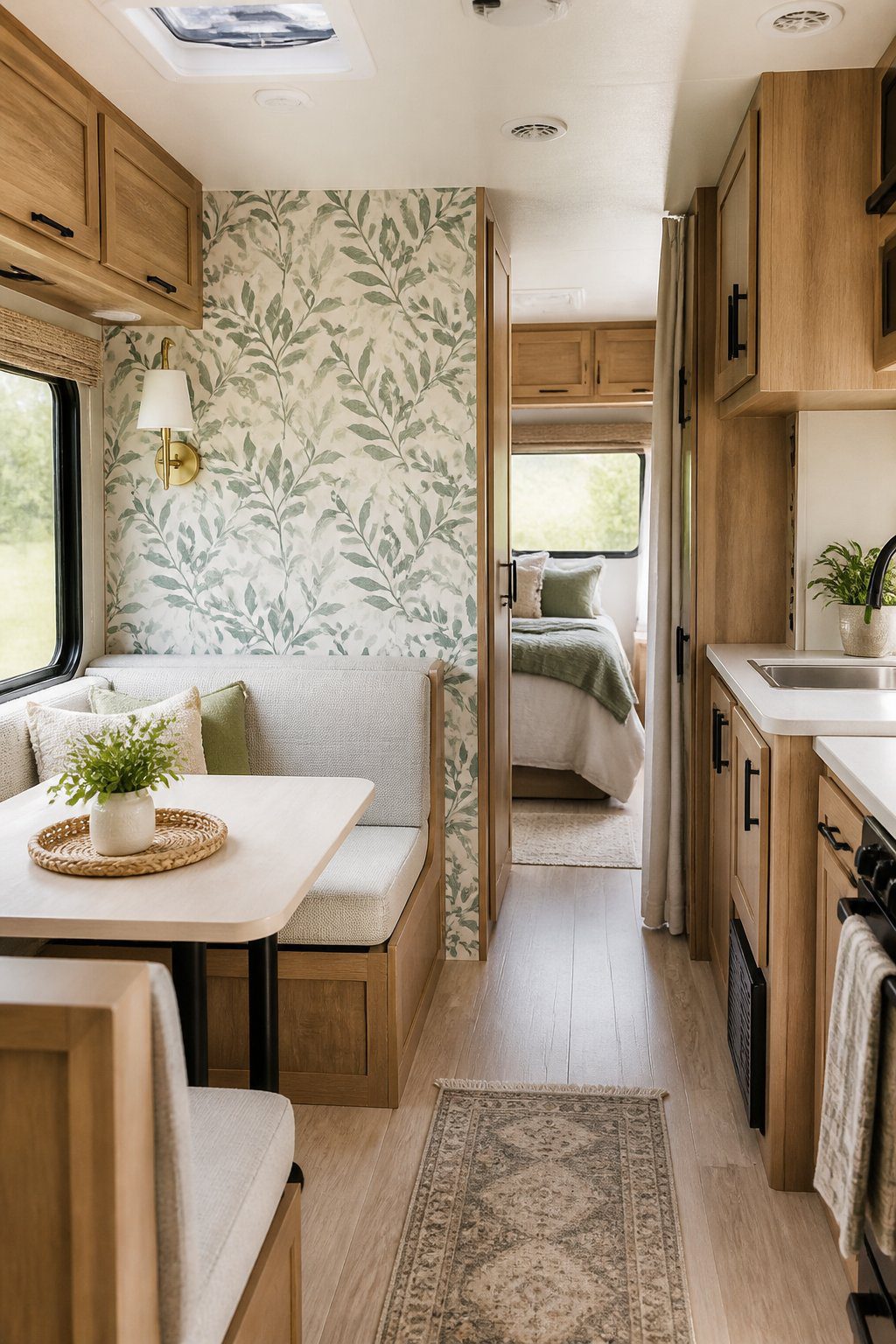 A bright RV living area with botanical wallpaper on one accent wall, wood cabinets, and a compact dining space.