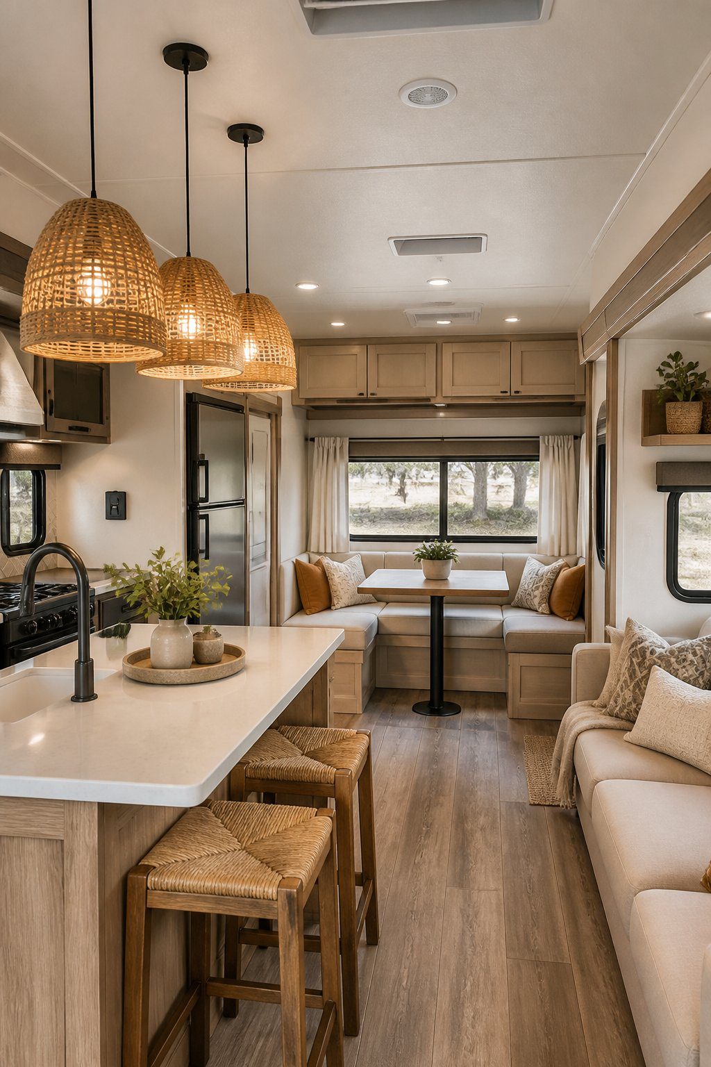A cozy RV interior with woven rattan pendant lights hanging above a small dining area.