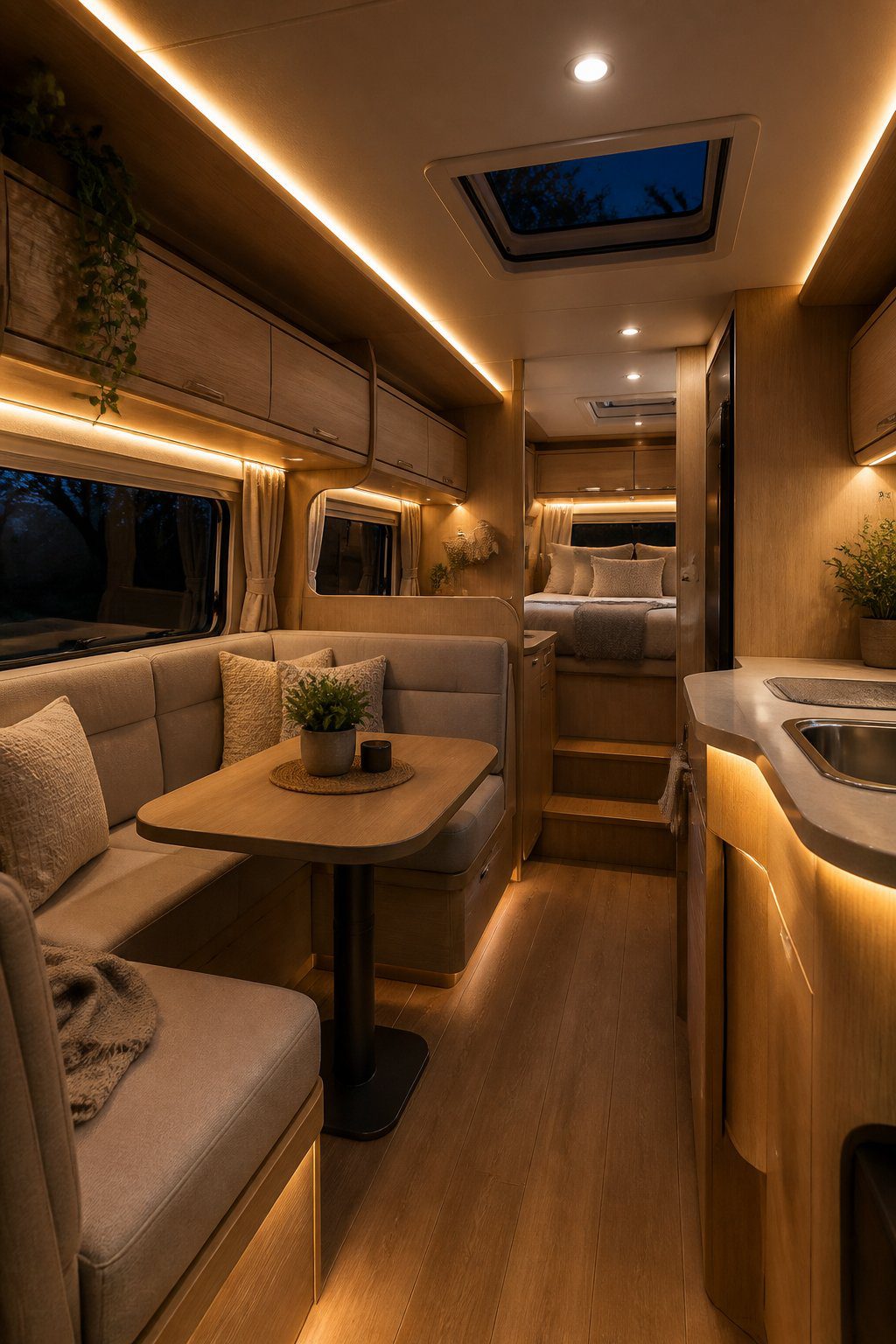 A cozy RV interior illuminated by warm white LED strip lights beneath cabinets and along the ceiling.