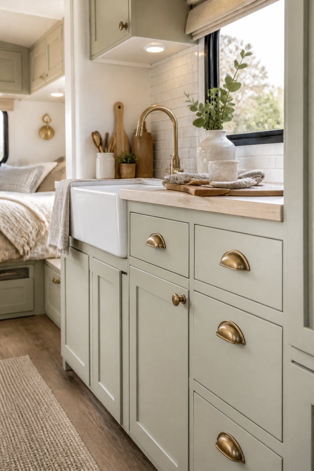 A cozy RV kitchenette with vintage-style brass cabinet handles on light-colored cabinets.