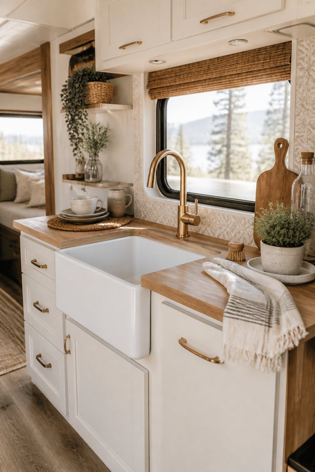 A compact white farmhouse sink beneath a window in a bright, neatly decorated RV kitchen.