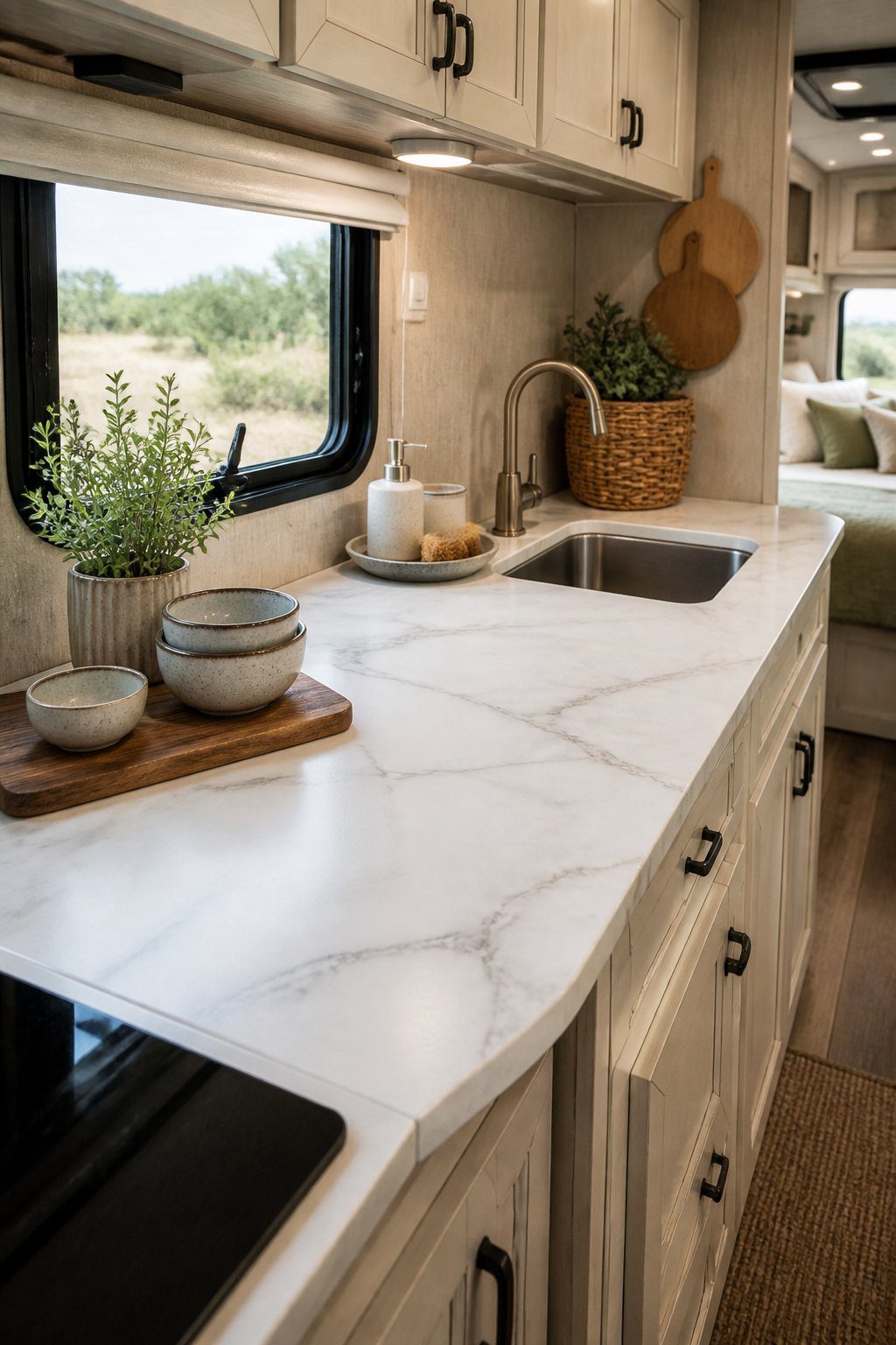 A bright RV kitchenette with a white marble-look countertop and neatly arranged kitchen accessories.