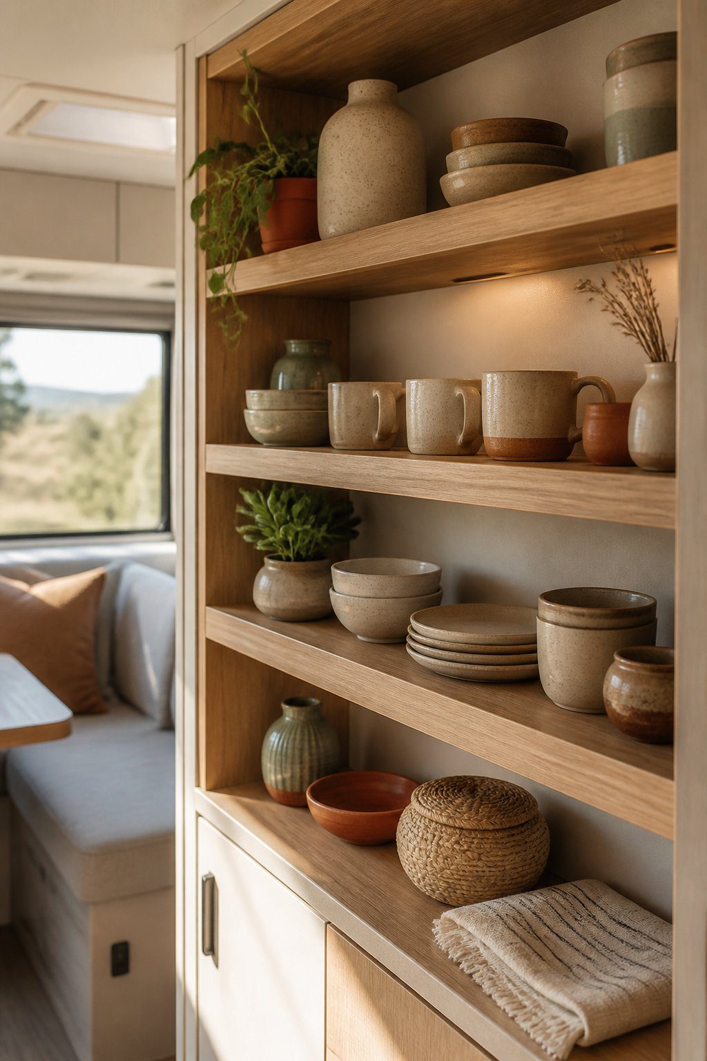 Open wooden shelves in an RV displaying ceramic dishes, mugs, bowls, and vases.