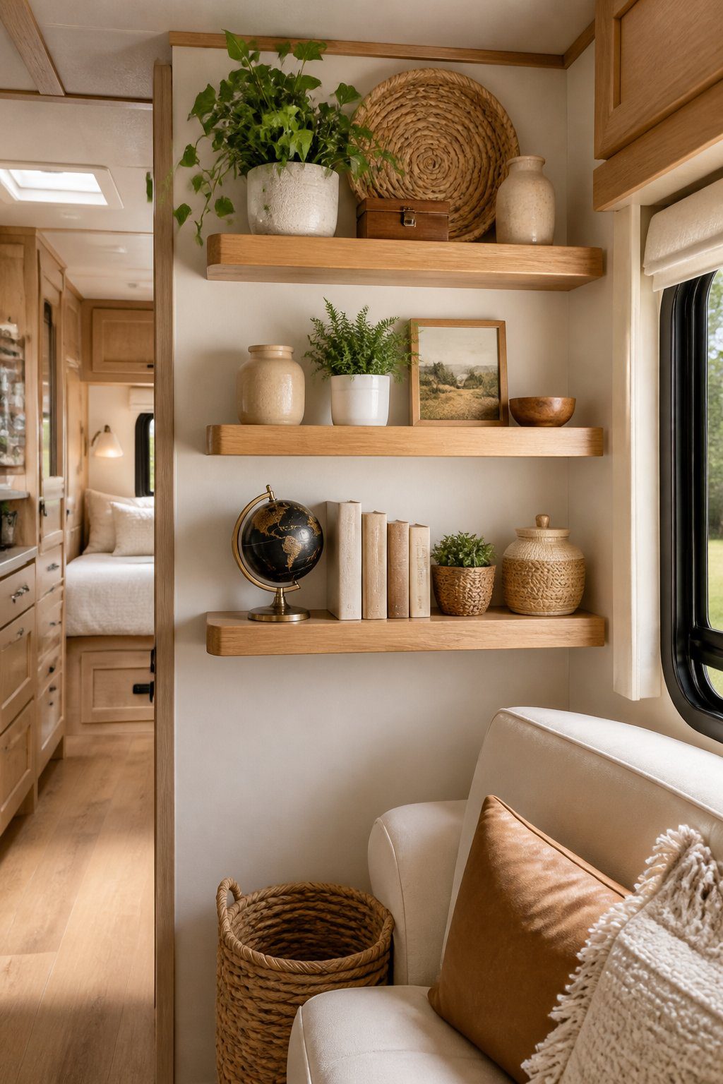 Natural wood floating shelves decorated with plants and small objects inside a cozy RV.