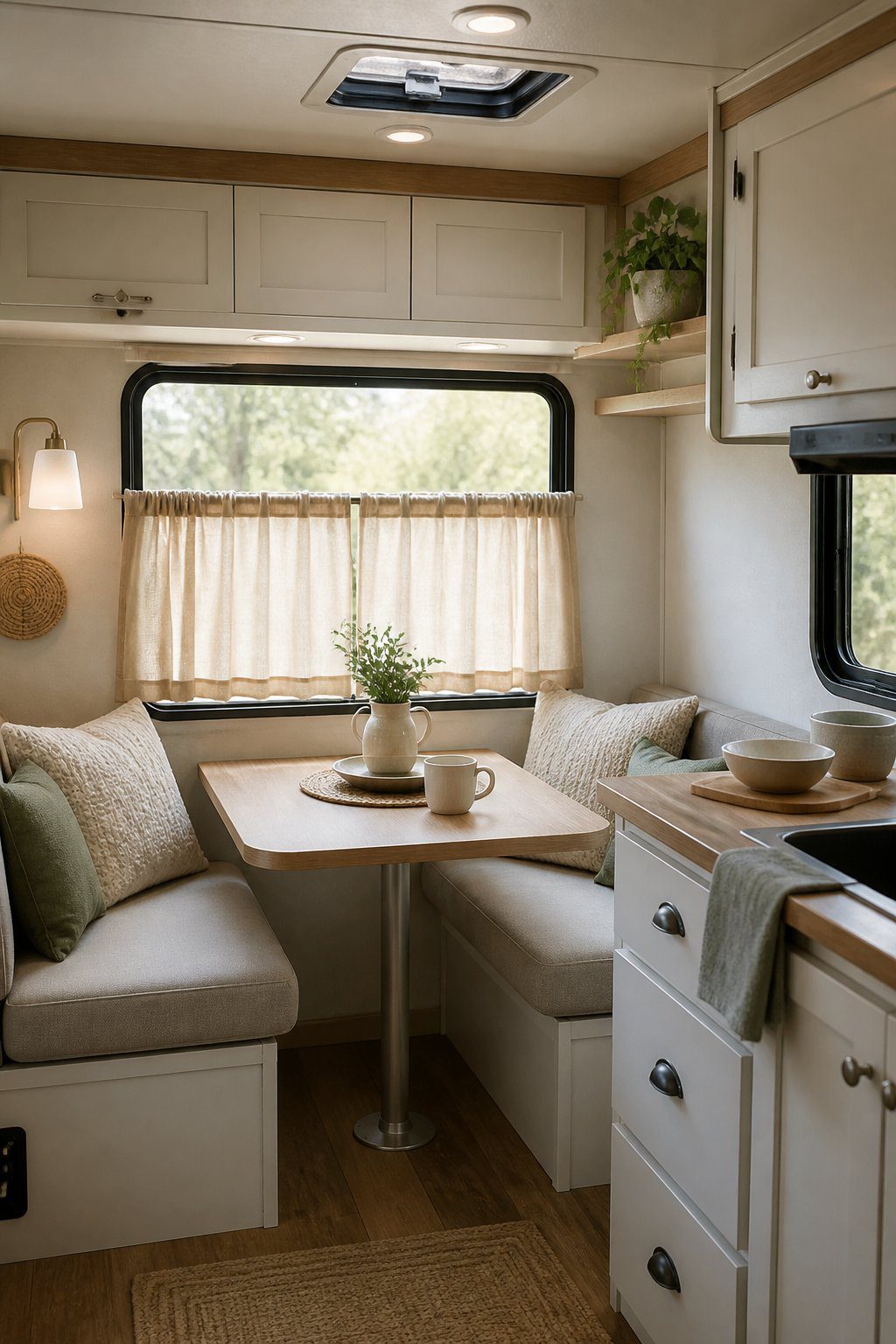 A cozy RV dining nook with ivory linen café curtains covering the lower half of a window.