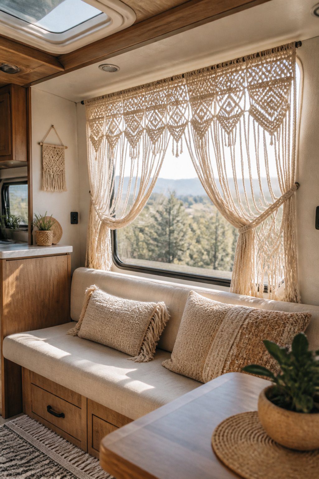 A cozy RV living area with cream macramé curtains covering a large window.