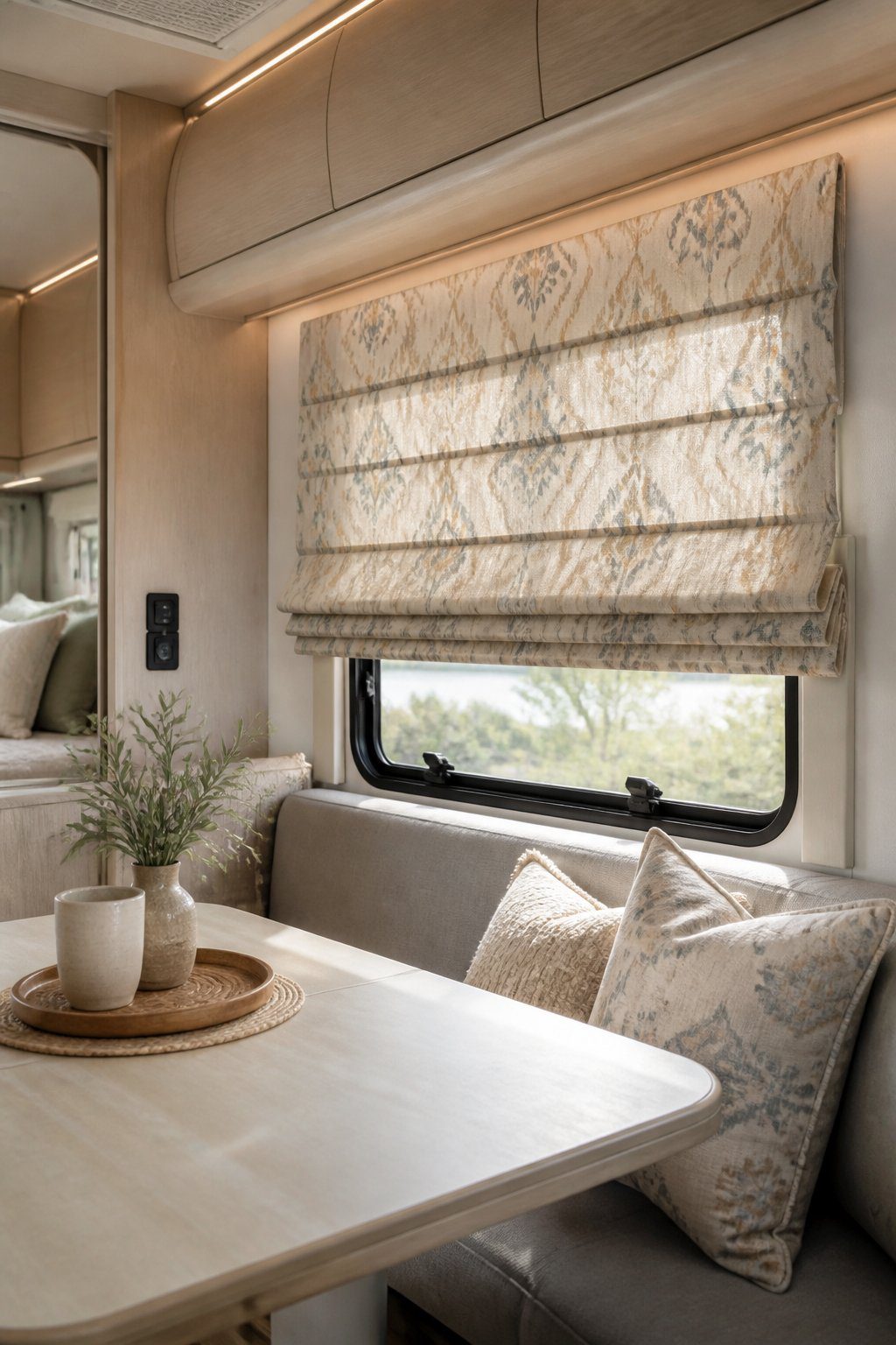 A bright RV living area with patterned Roman shades over a window and coordinated furnishings.