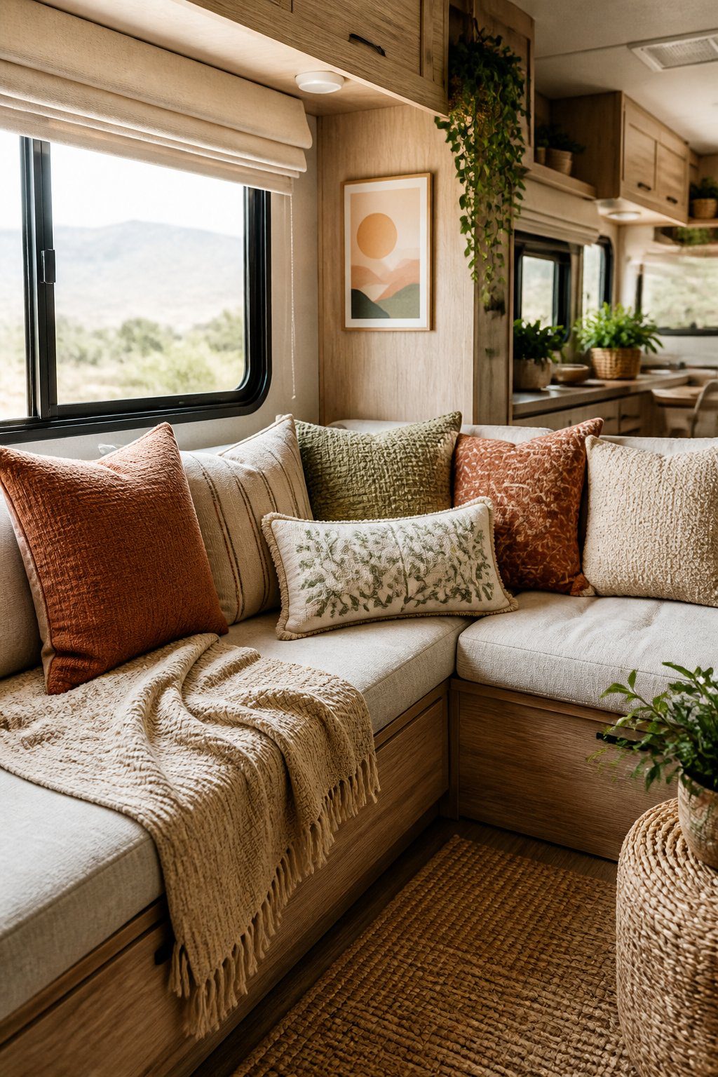 A cozy RV seating area decorated with earthy-toned cushion covers.
