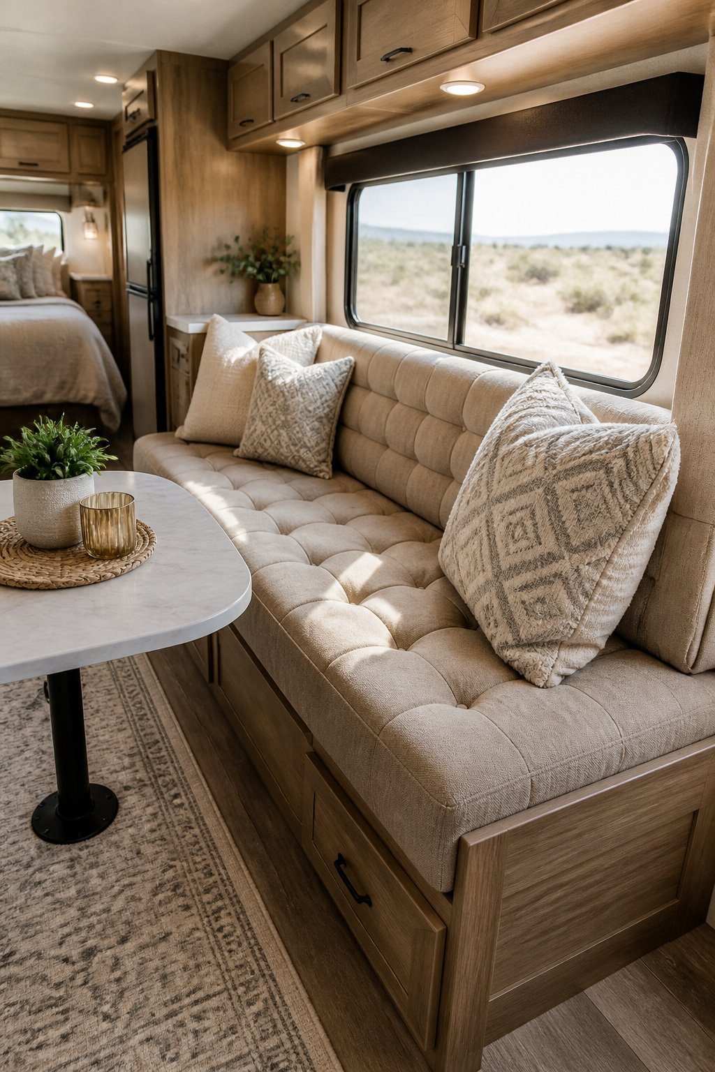 Tufted bench seat with decorative pillows inside a bright RV interior.