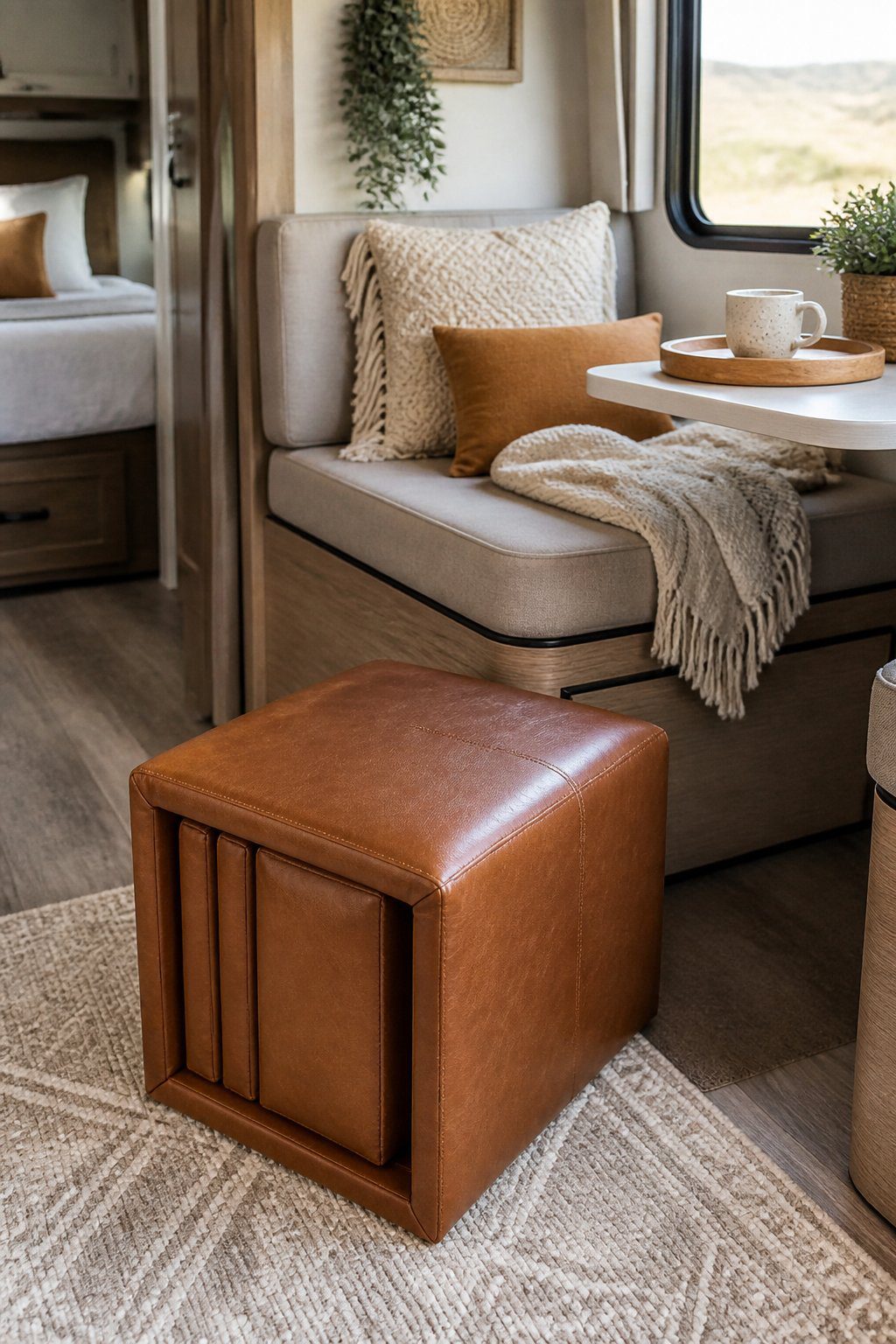 A foldable leather ottoman beside a cozy seating area inside a decorated RV.
