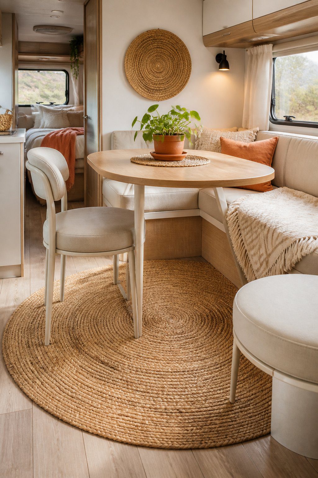 A cozy RV dining area with a round jute rug beneath a small wooden table.